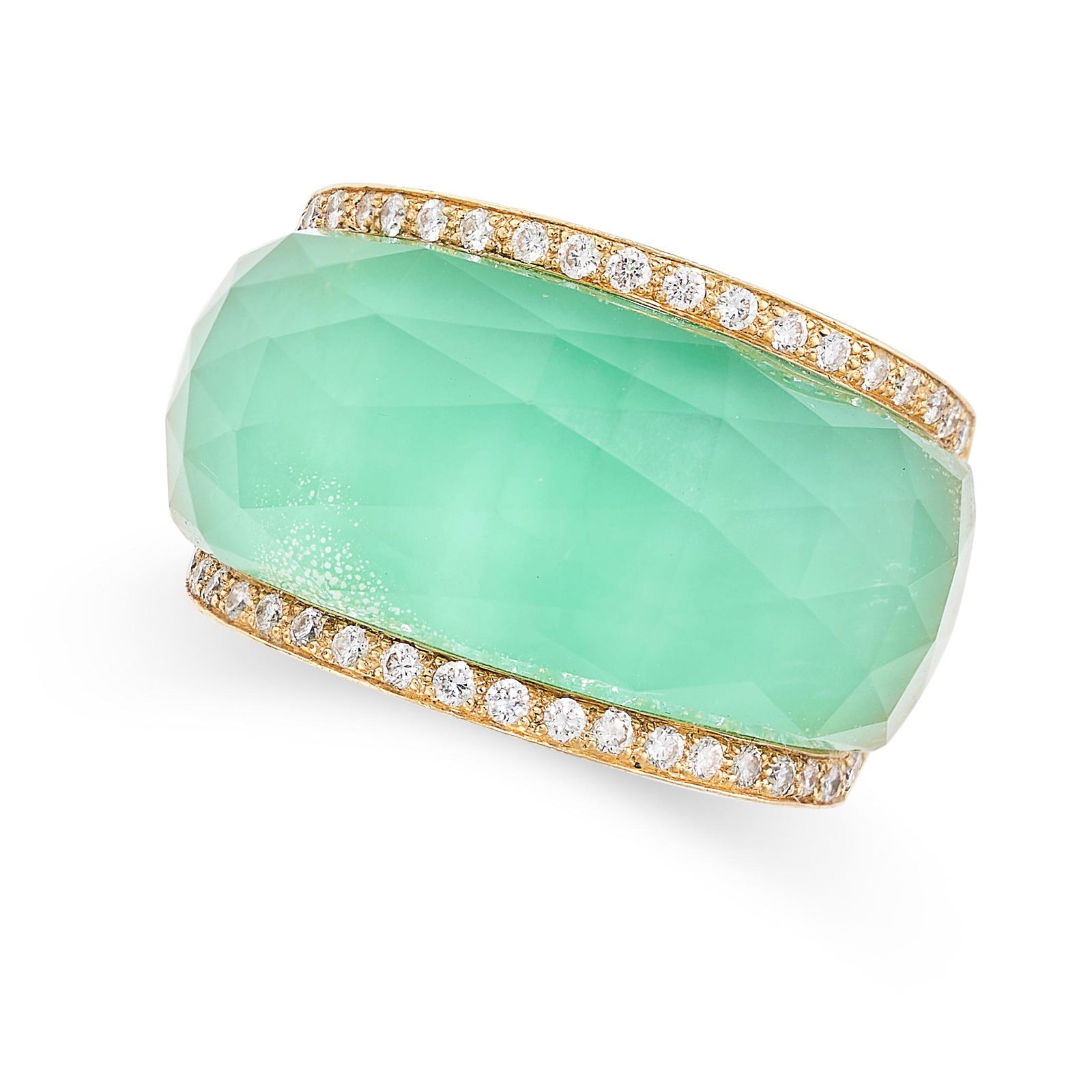 STEPHEN WEBSTER, A ROCK CRYSTAL, CHRYSOPRASE AND DIAMOND CRYSTAL HAZE RING in 18ct yellow gold, set: STEPHEN WEBSTER, A ROCK CRYSTAL, CHRYSOPRASE AND DIAMOND CRYSTAL HAZE RING in 18ct yellow gold, set with a slice of chrysoprase beneath a faceted rock crystal dome, accented by round brilliant cut dia