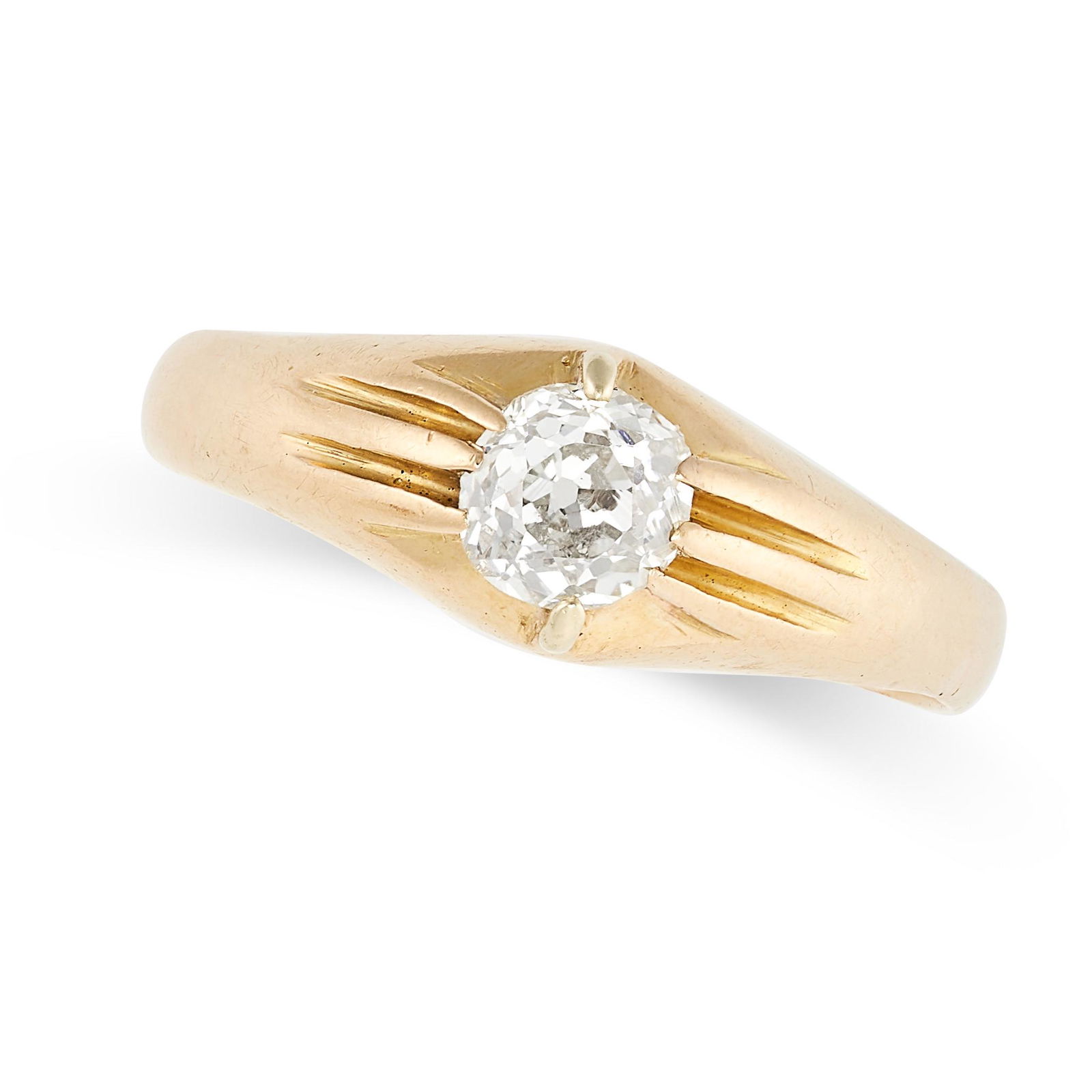 AN ANTIQUE DIAMOND GYPSY RING in 18ct yellow gold, set with an old cut diamond of 0.58 carats, (1 of 2)