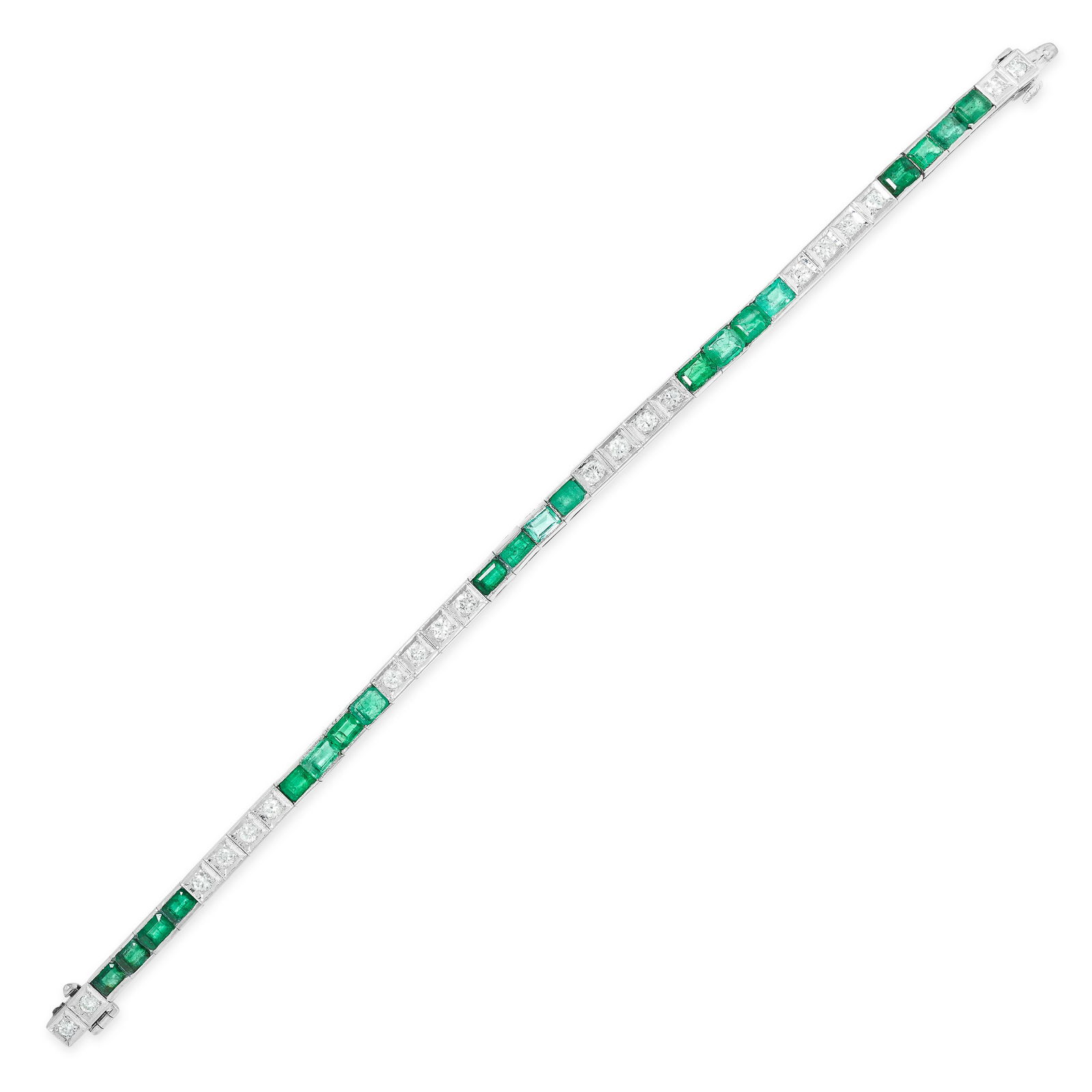 AN EMERALD AND DIAMOND BRACELET set with a row of alternating groups of step cut emeralds and round (1 of 1)