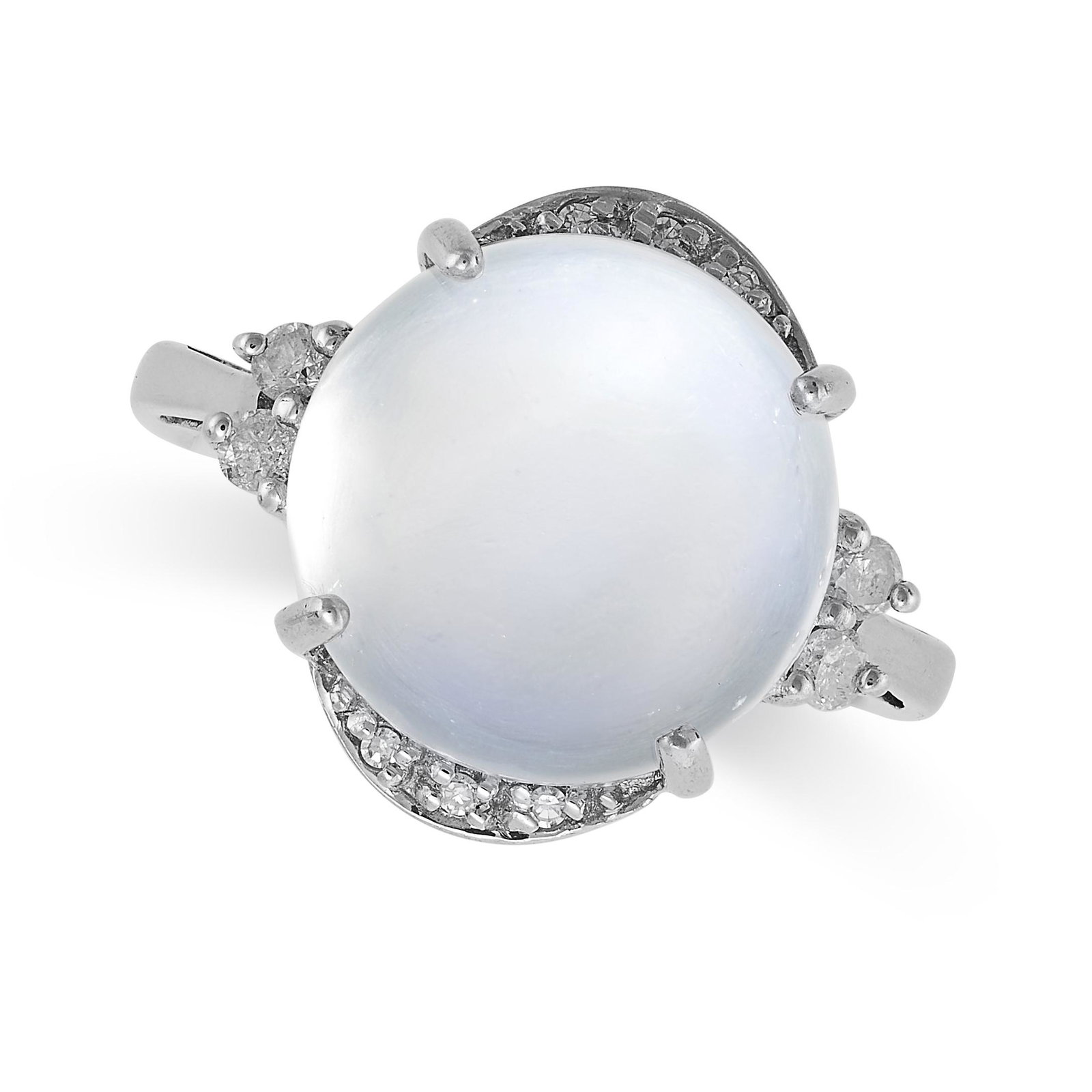A MOONSTONE AND DIAMOND RING in 9ct white gold, set with a round cabochon star moonstone, accented (1 of 2)