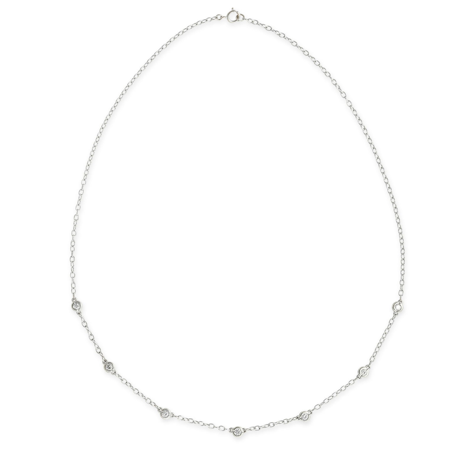 A DIAMOND CHAIN NECKLACE comprising a trace link chain set with seven round brilliant cut diamonds, (1 of 1)