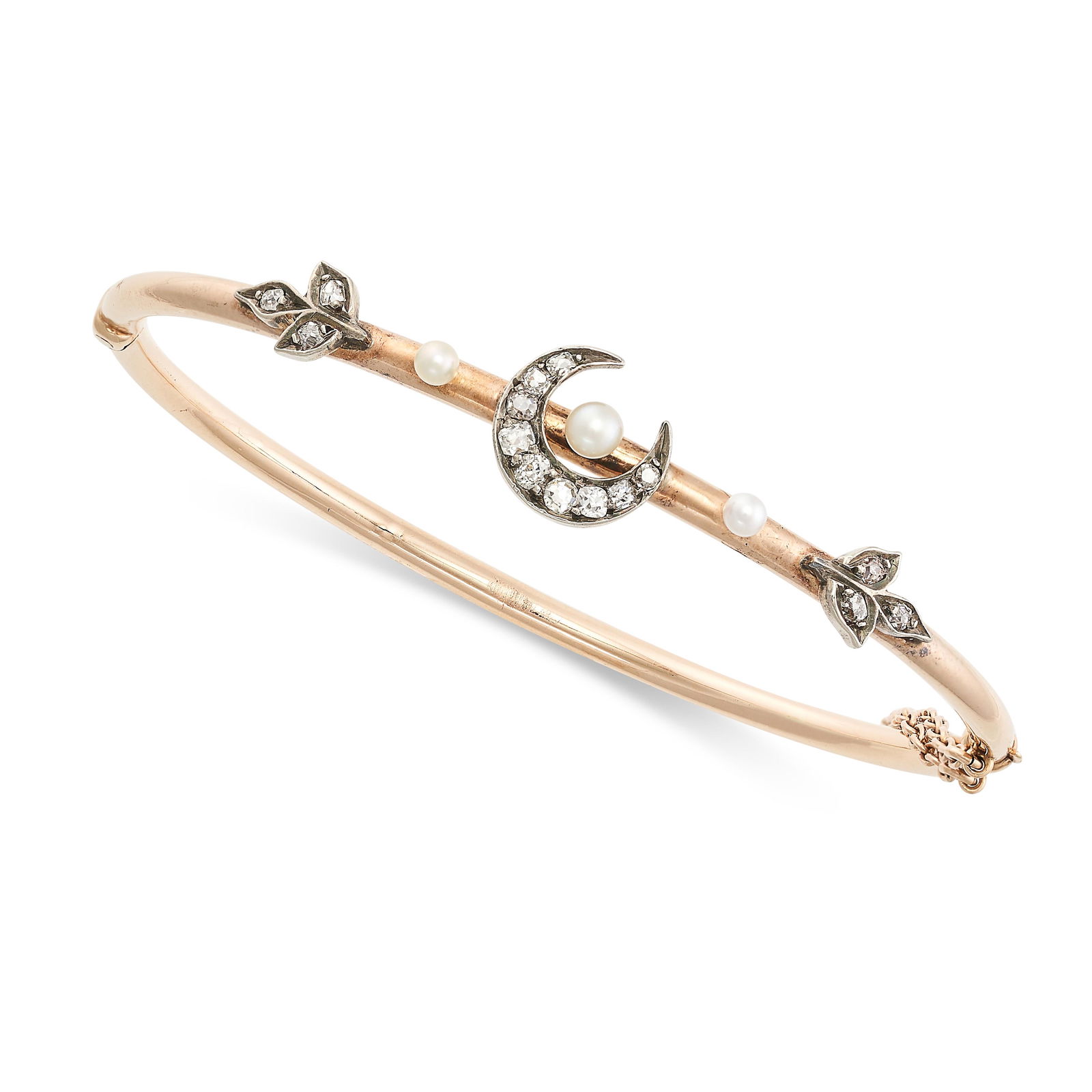 AN ANTIQUE DIAMOND AND PEARL CRESCENT MOON BANGLE in yellow gold and silver, the hinged bangle with (1 of 1)
