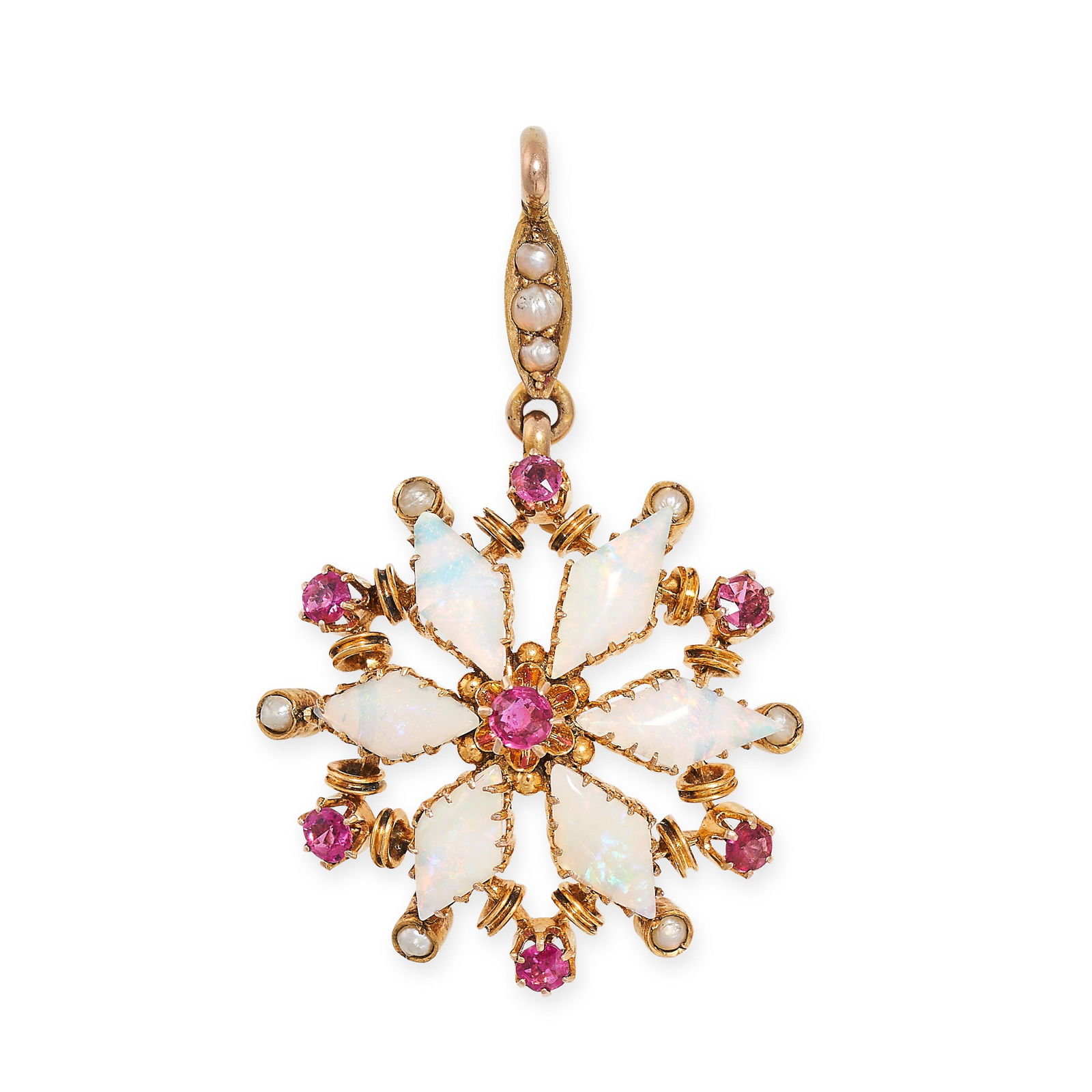 AN ANTIQUE OPAL, RUBY AND PEARL PENDANT in 9ct yellow gold, in floral design, set with a round cut (1 of 1)