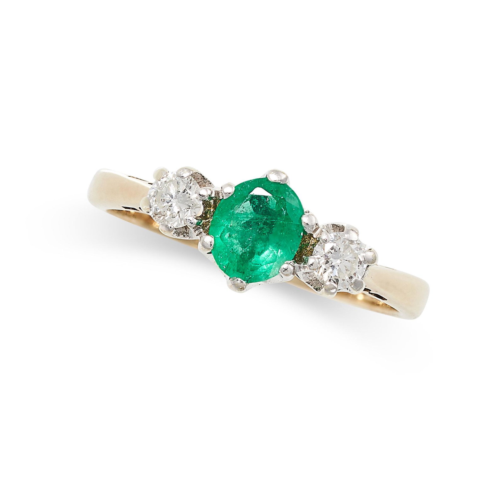 AN EMERALD AND DIAMOND THREE STONE RING in 9ct yellow gold, set with an oval cut emerald between two (1 of 2)