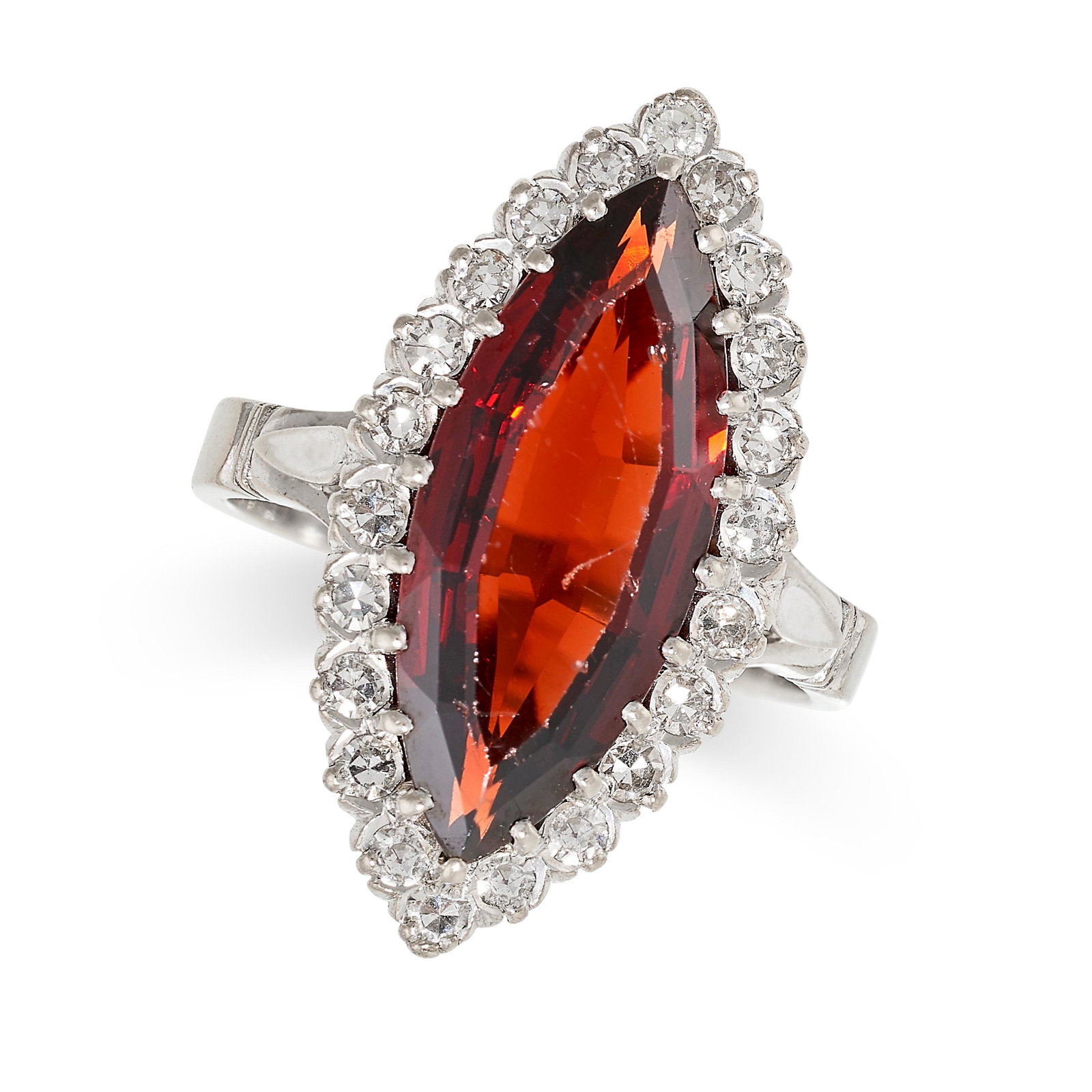 A GARNET AND DIAMOND MARQUISE RING set with a marquise cut garnet in a border of single cut (1 of 2)