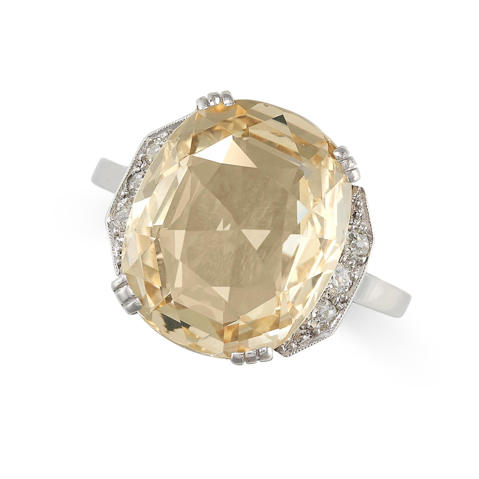 AN UNHEATED YELLOW SAPPHIRE AND DIAMOND RING in platinum, set with a cushion cut yellow sapphire of (1 of 2)