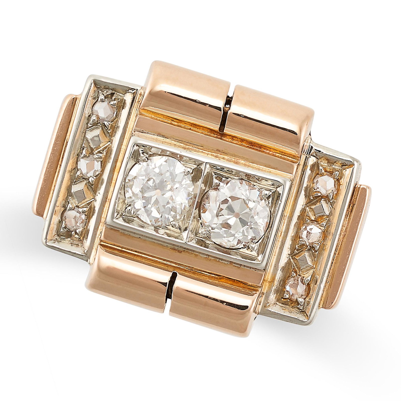 A FRENCH RETRO DIAMOND RING in 18ct yellow gold, the geometric face set with two old cut diamonds, (1 of 2)