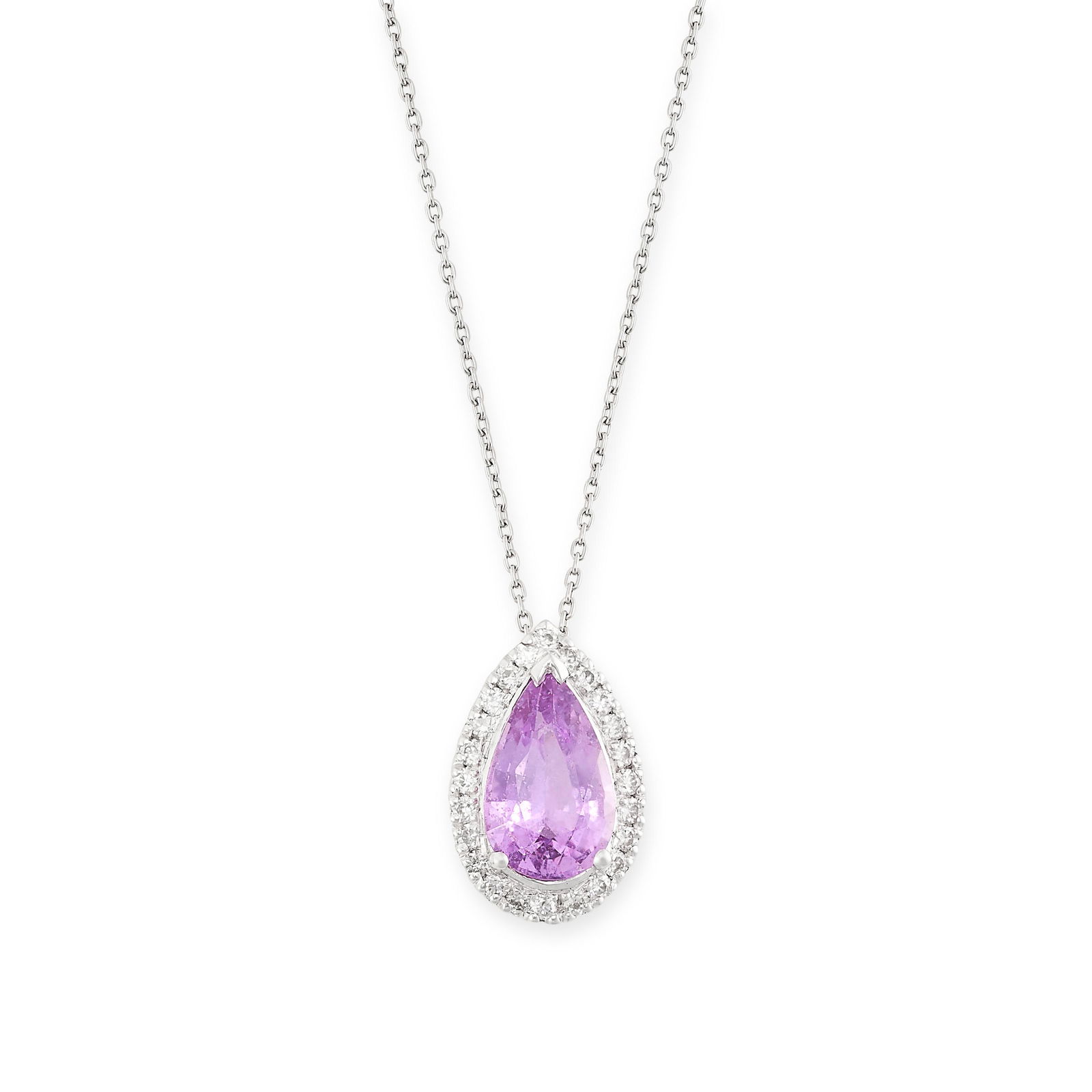 A PINK SAPPHIRE AND DIAMOND PENDANT AND CHAIN the pendant set with a pear cut pink sapphire of 1.75 (1 of 1)