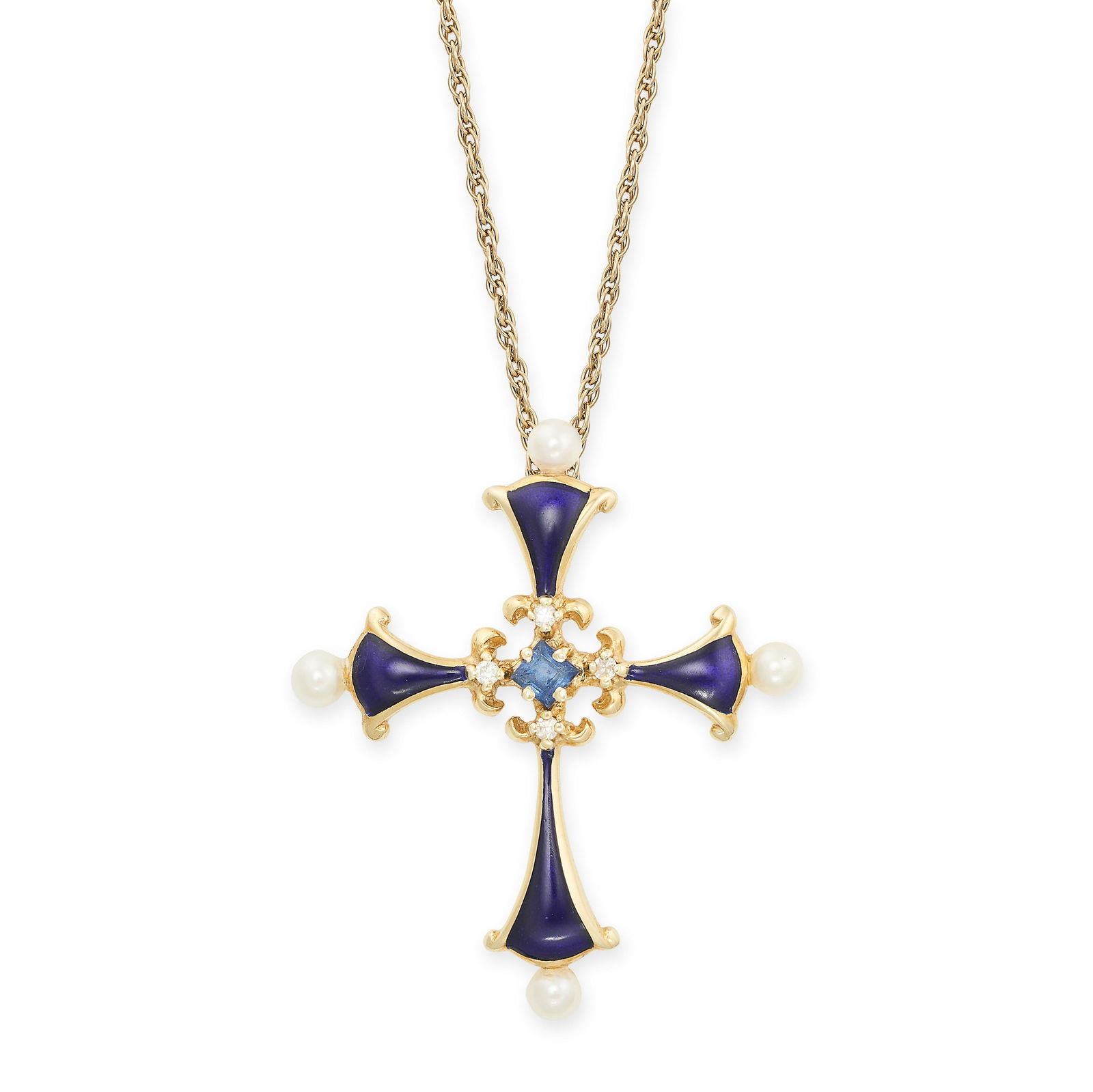 IGOR CARL FABERGE, A VINTAGE SAPPHIRE, DIAMOND PEARL AND ENAMEL CROSS PENDANT NECKLACE 1980s in 14ct (1 of 1)
