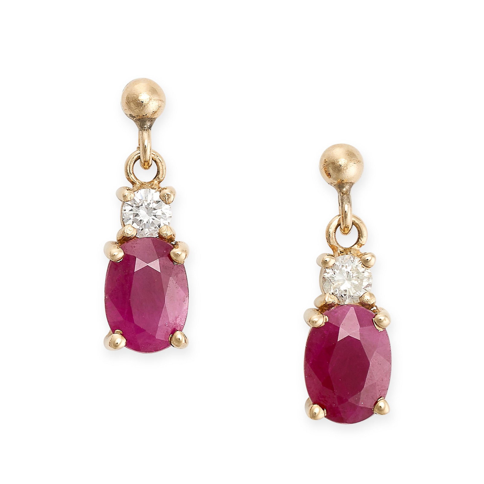 A PAIR OF RUBY AND DIAMOND DROP EARRINGS each set with a round brilliant cut diamond, suspending an (1 of 1)