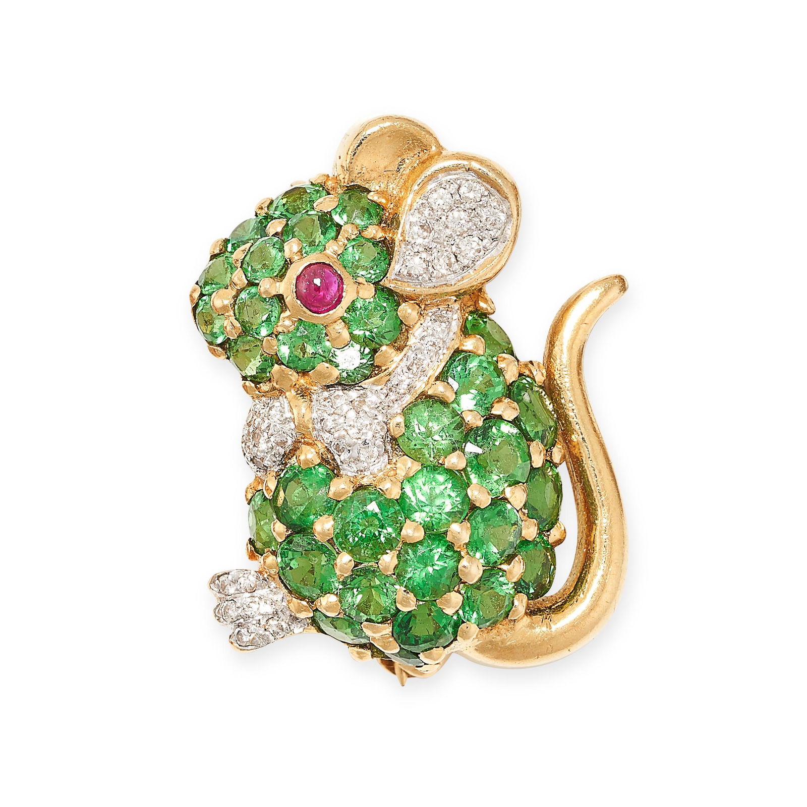 A TSAVORITE GARNET, RUBY AND DIAMOND MOUSE BROOCH in yellow gold, designed as a mouse, the body set (1 of 1)