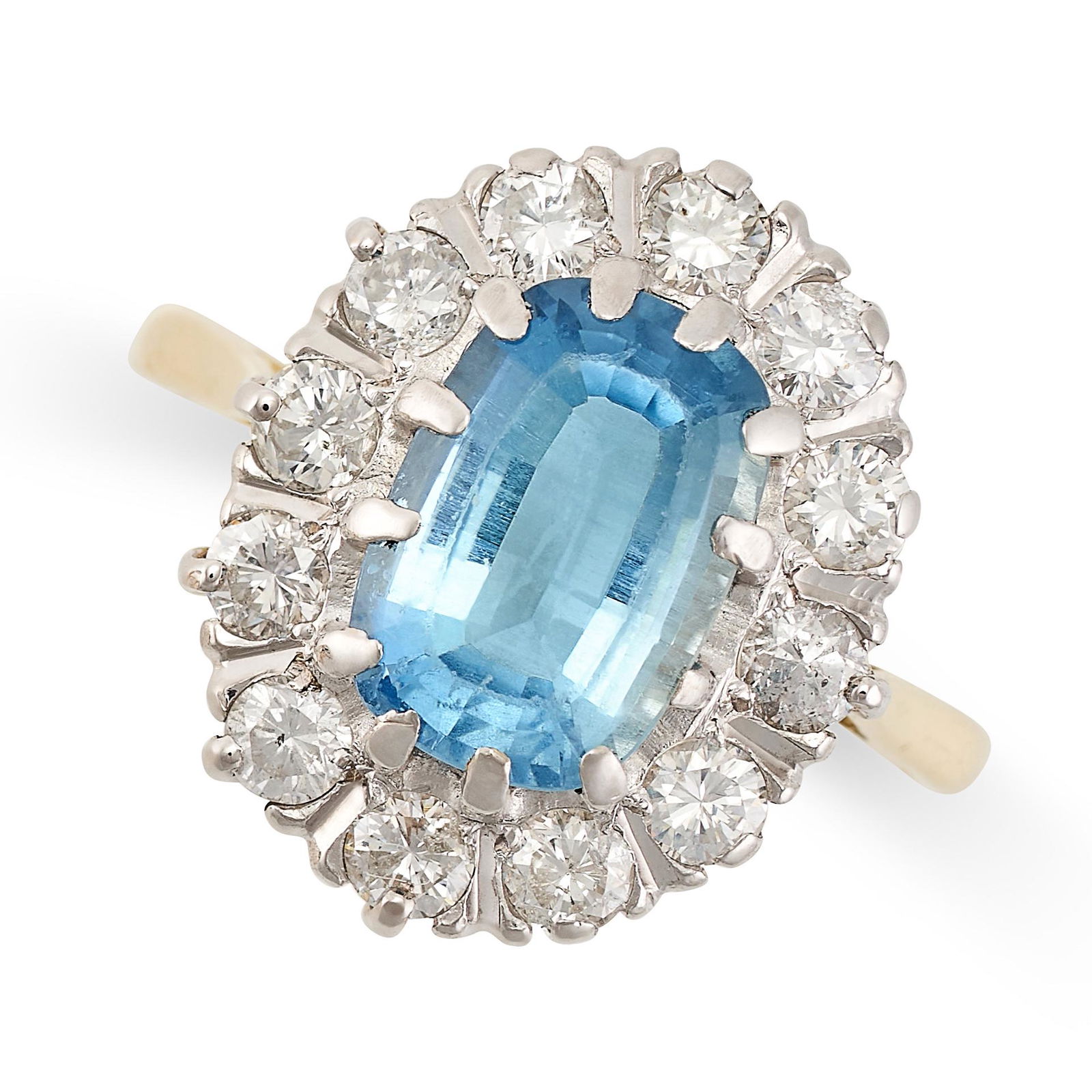AN AQUAMARINE AND DIAMOND CLUSTER RING in 18ct yellow gold, set with a cushion cut aquamarine of (1 of 2)