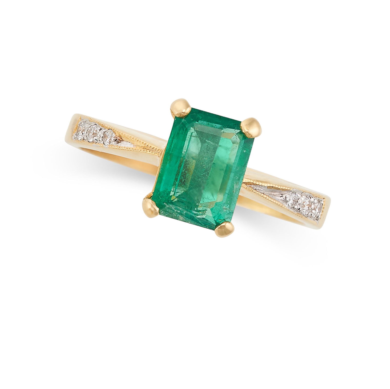 AN EMERALD AND DIAMOND RING in 18ct yellow gold, set with an emerald cut emerald of 1.23 carats, the (1 of 2)