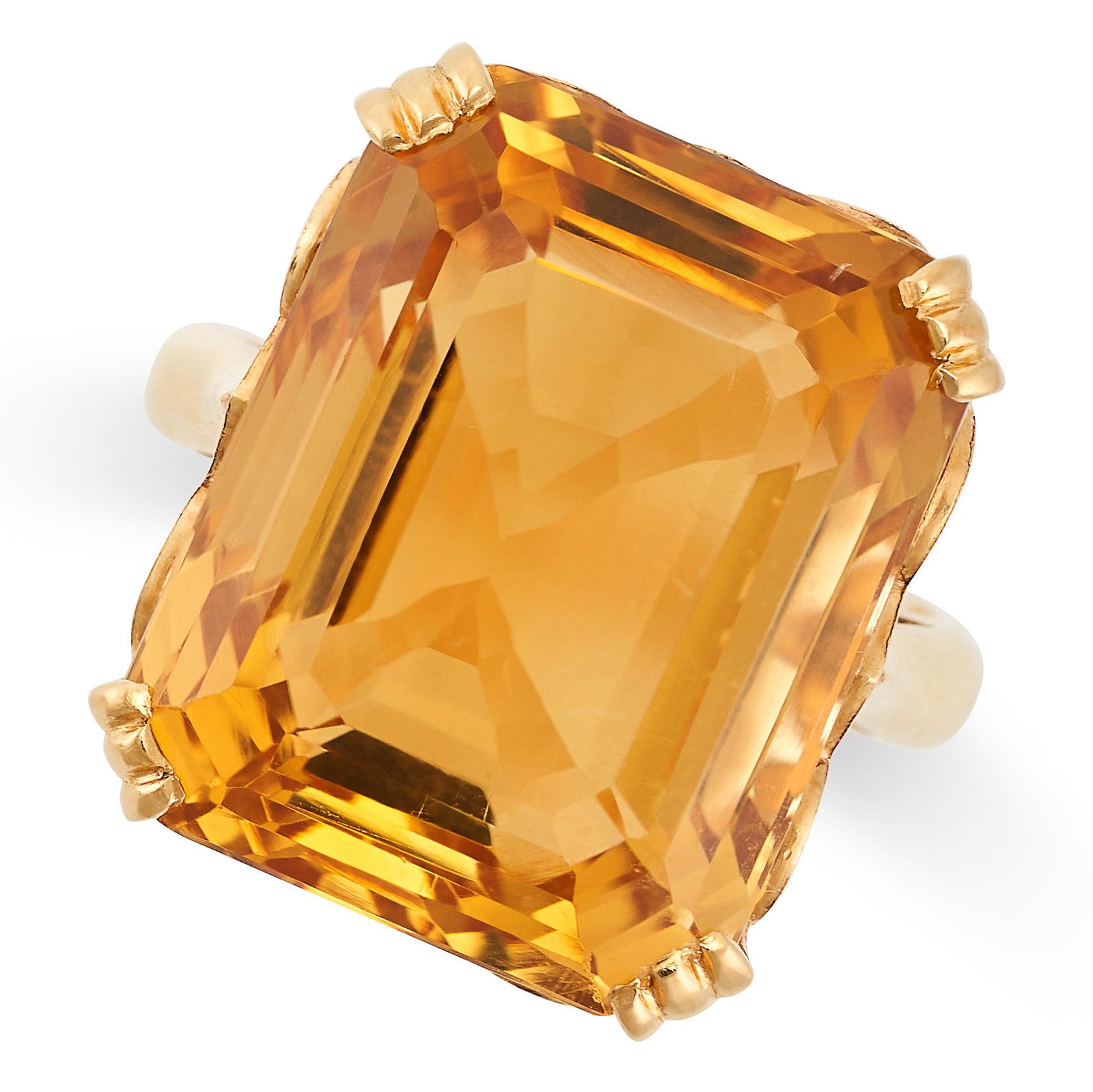 A VINTAGE CITRINE RING in 22ct yellow gold, set with an emerald cut citrine of 25.32 carats, stamped (1 of 2)