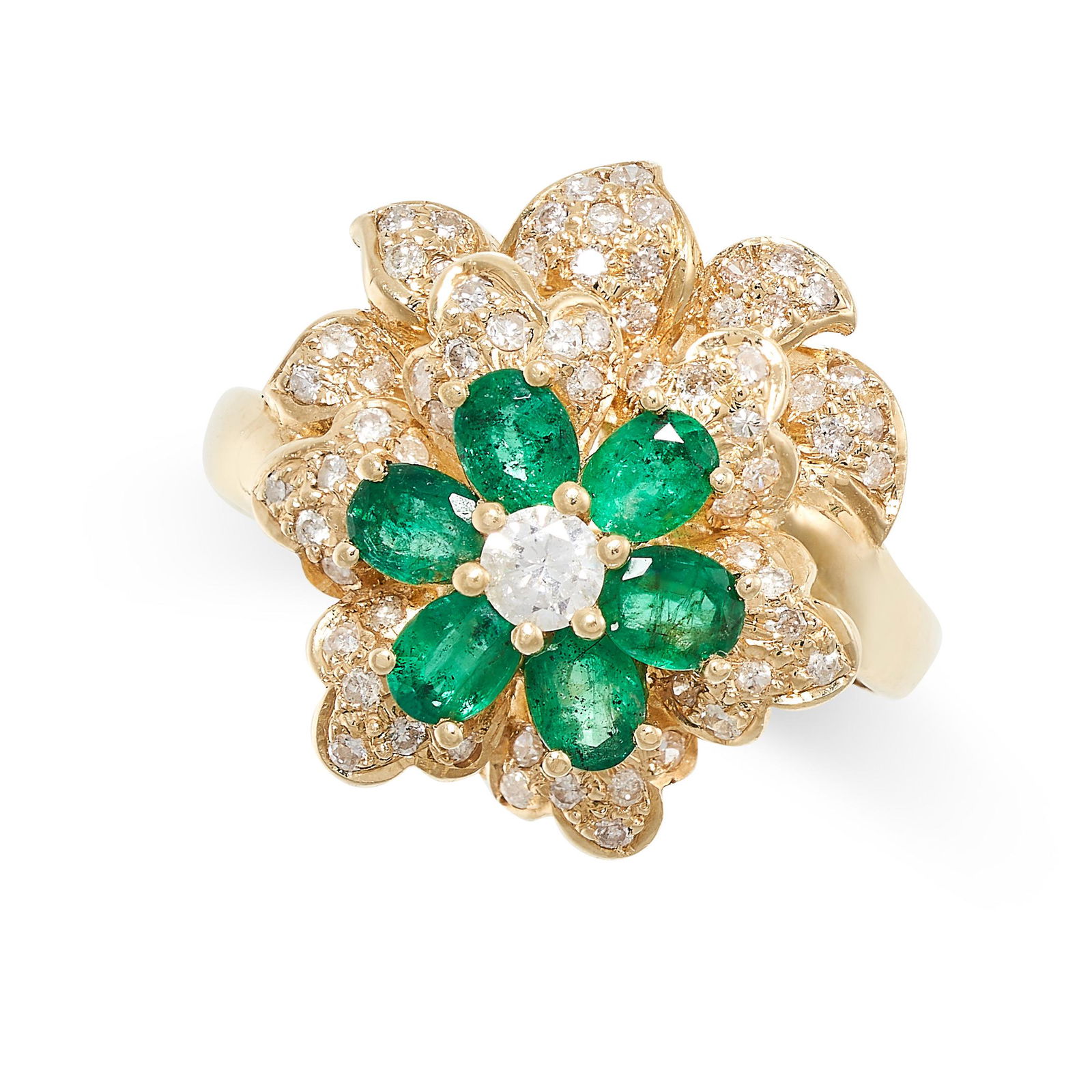 AN EMERALD AND DIAMOND DRESS RING designed as a flower, set with a central round brilliant cut (1 of 2)