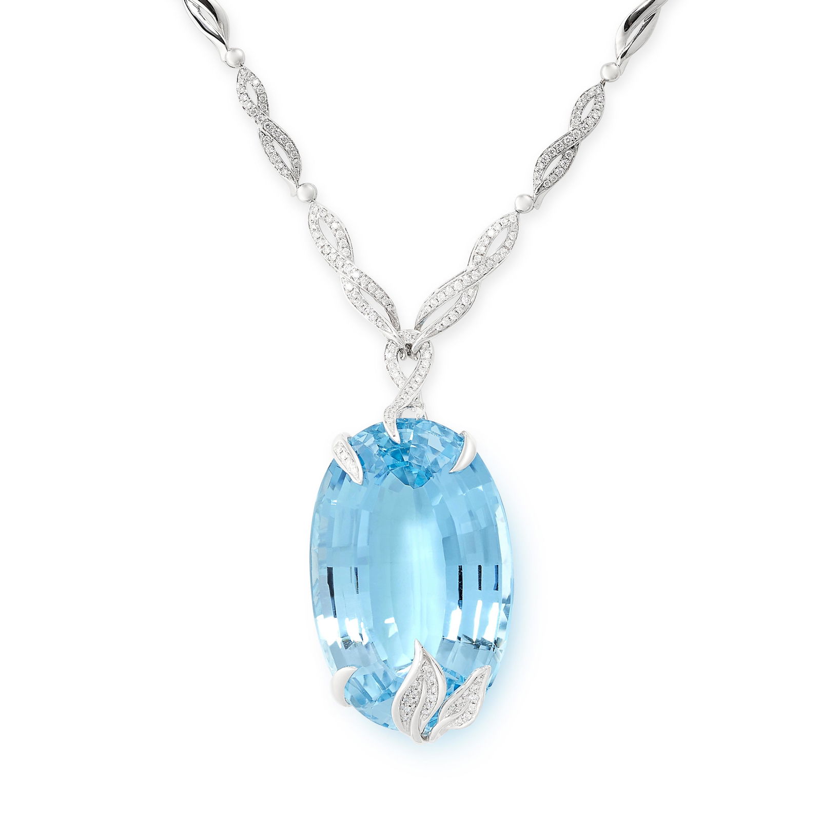 AN AQUAMARINE AND DIAMOND NECKLACE comprising an oval cut aquamarine of 221.01 carats in a foliate (1 of 2)