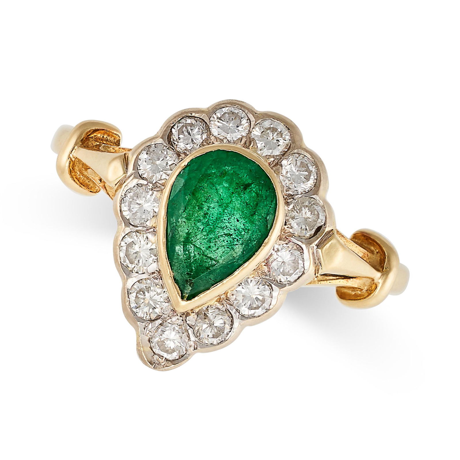 AN EMERALD AND DIAMOND RING in 18ct yellow gold, set with a pear shaped emerald in a cluster of (1 of 2)