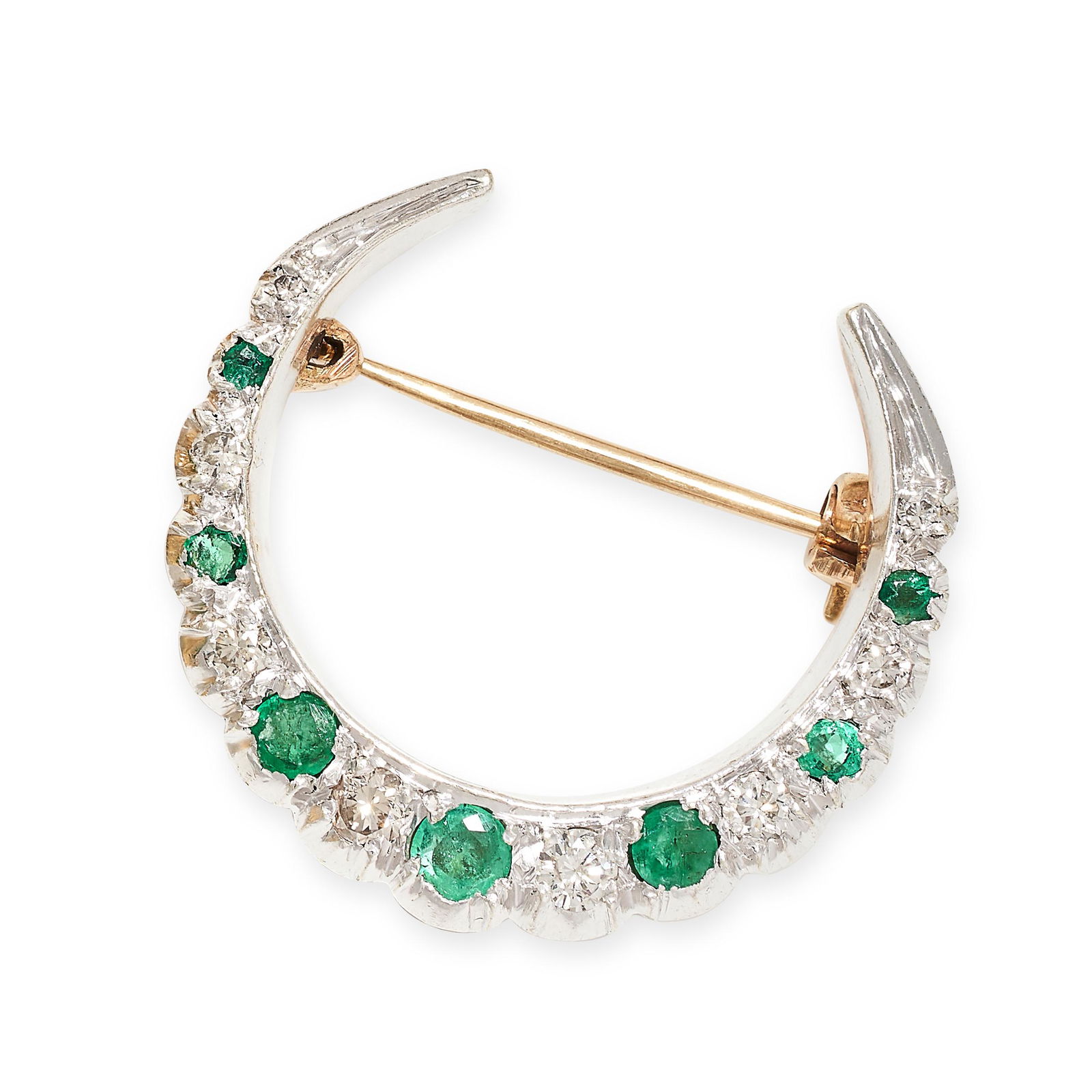 A VINTAGE EMERALD AND DIAMOND CRESCENT MOON BROOCH, 1979  in 9ct white and yellow gold, set with (1 of 1)
