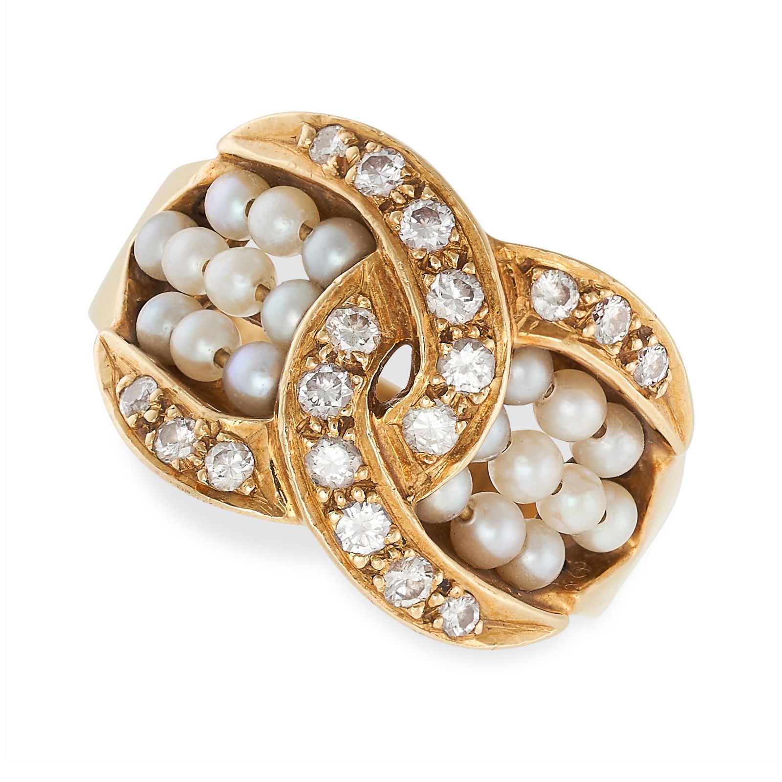 A VINTAGE FRENCH PEARL AND DIAMOND RING comprising two interlocking C motifs set with round (1 of 2)