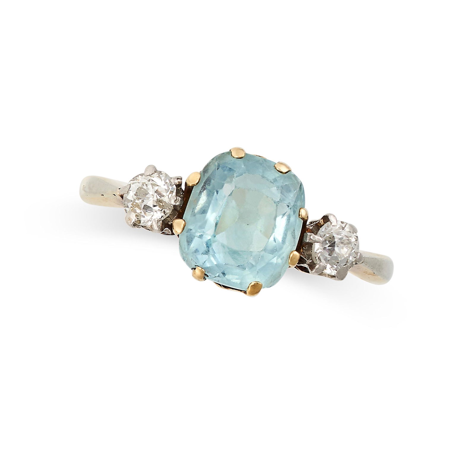 AN AQUAMARINE AND DIAMOND THREE STONE RING in yellow gold and platinum, set with a cushion cut (1 of 2)