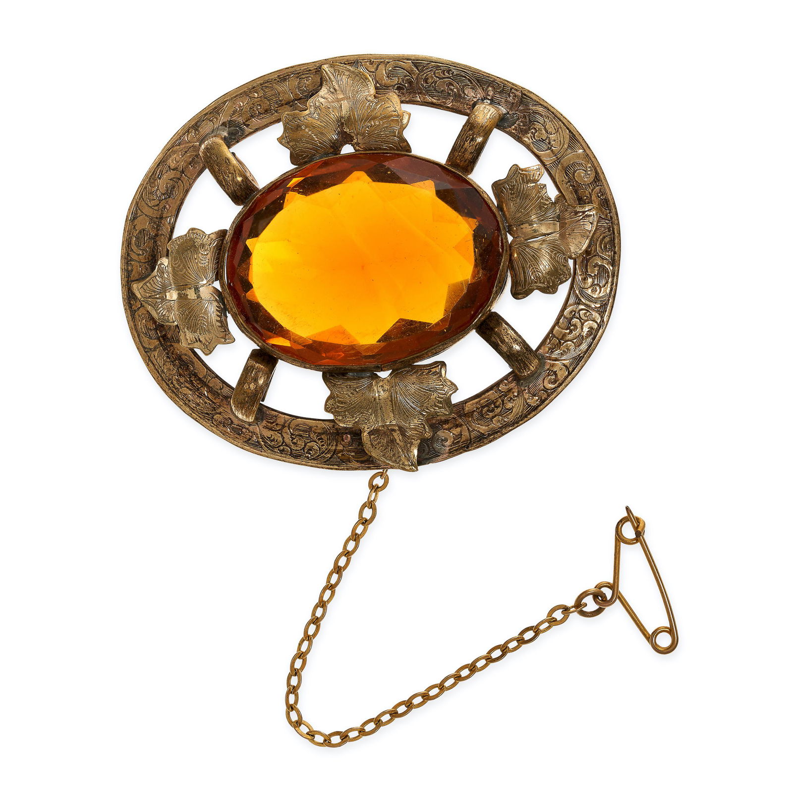 AN ANTIQUE ORANGE PASTE GEMSTONE BROOCH set with an oval cut orange paste gemstone within ivy leaf (1 of 1)