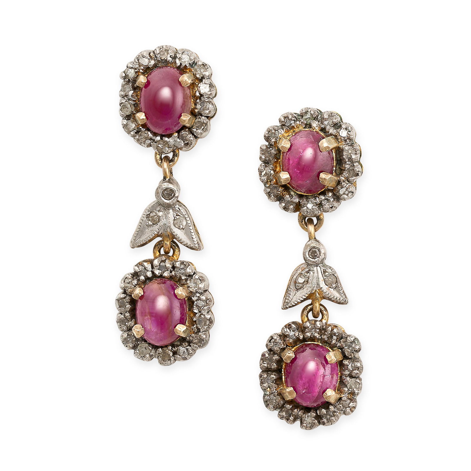 A PAIR OF RUBY AND DIAMOND DROP EARRINGS each comprising a cabochon ruby in a cluster of single cut: A PAIR OF RUBY AND DIAMOND DROP EARRINGS each comprising a cabochon ruby in a cluster of single cut diamonds, suspending a diamond set foliate motif and a further ruby and diamond cluster drop, no ass