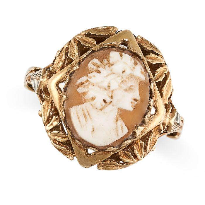 A CAMEO RING in 9ct yellow gold, se with a carved shell cameo depicting a lady, with foliate details (1 of 2)