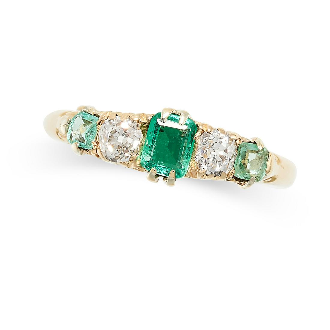 A VINTAGE EMERALD AND DIAMOND RING set with three step cut emeralds, accented by old cut diamonds,: A VINTAGE EMERALD AND DIAMOND RING set with three step cut emeralds, accented by old cut diamonds, no assay marks, size O / 7, 2.9g.