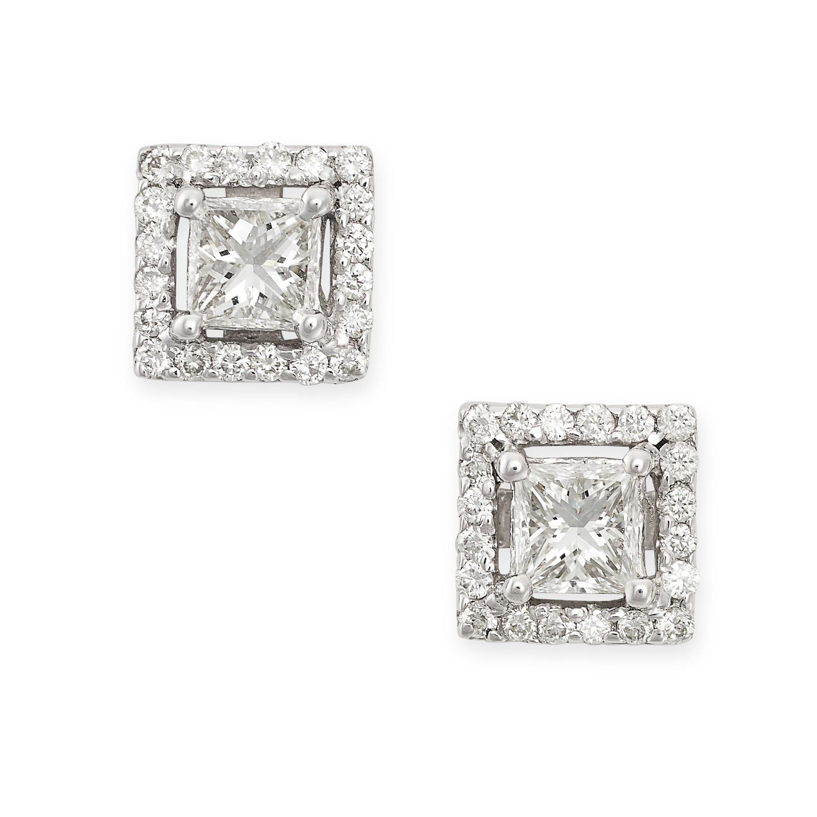 A PAIR OF DIAMOND CLUSTER EARRINGS each set with a princess cut diamond in a border of round (1 of 1)