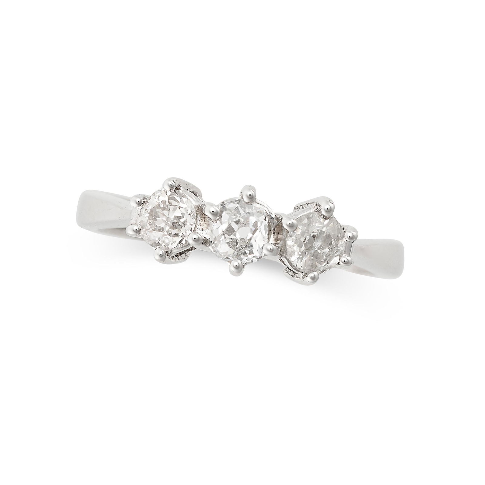 A DIAMOND THREE STONE RING in 18ct white gold, set with three old cut diamonds all totalling 0.6-0.7 (1 of 2)