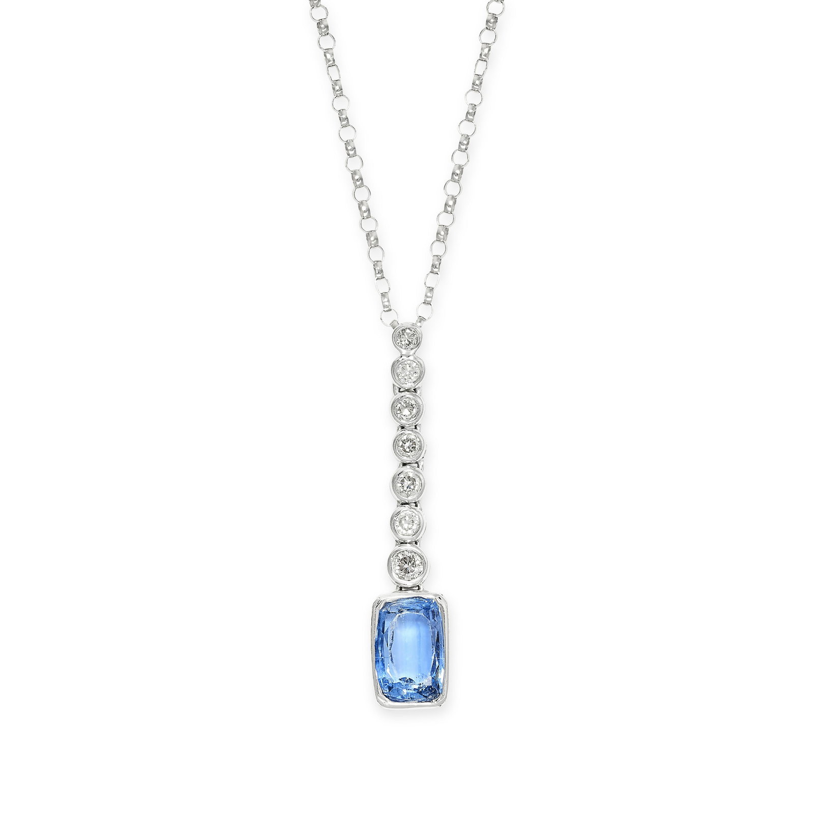 A SAPPHIRE AND DIAMOND NECKLACE in 18ct and 9ct white gold, the pendant set with a row of round (1 of 1)