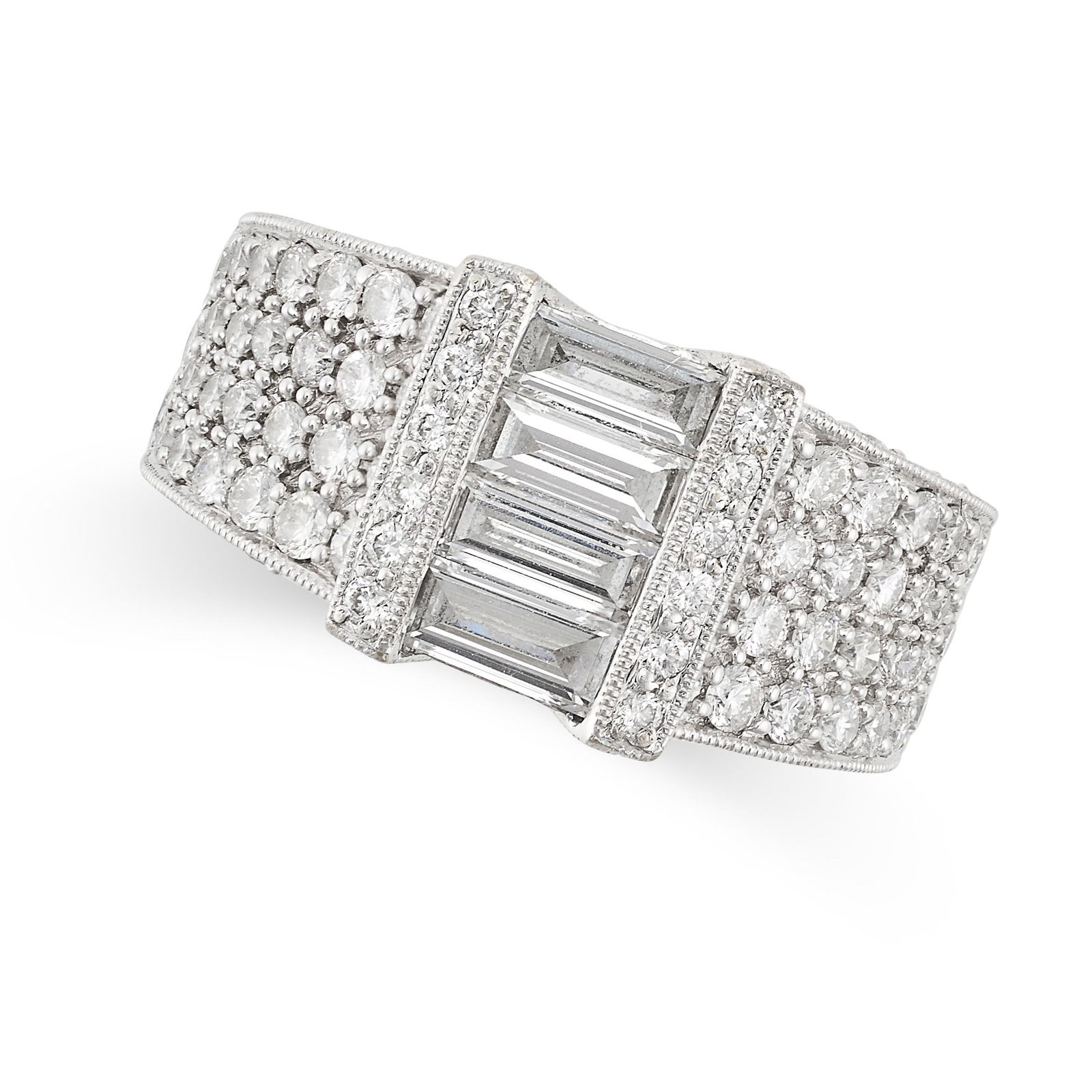 A DIAMOND DRESS RING in 18ct white gold, set with four baguette cut diamonds, accented by pave set (1 of 2)