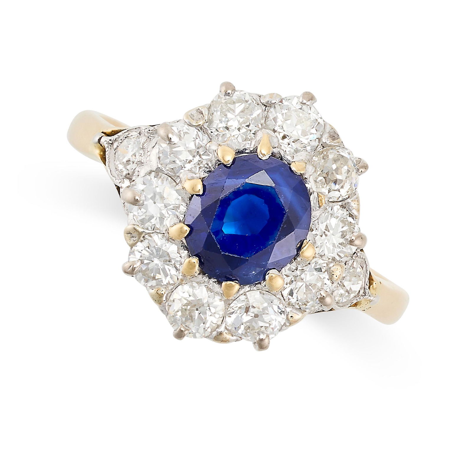 A SAPPHIRE AND DIAMOND CLUSTER RING in 18ct yellow gold, set with an oval cut sapphire of 1.53 (1 of 2)