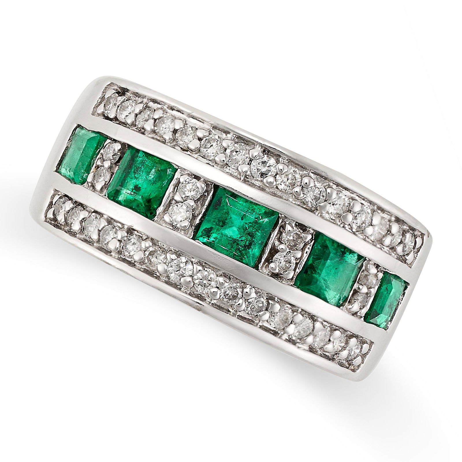 AN EMERALD AND DIAMOND RING set with a row of step cut emeralds, punctuated by pairs of round (1 of 2)
