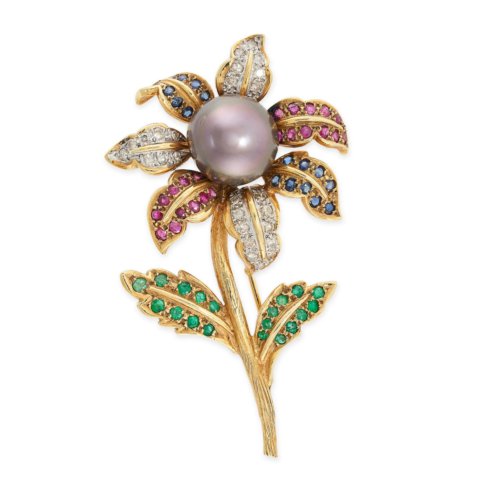 A VINTAGE DIAMOND, PEARL, RUBY AND EMERALD FLOWER BROOCH set with a black pearl of 13.1mm, the (1 of 1)