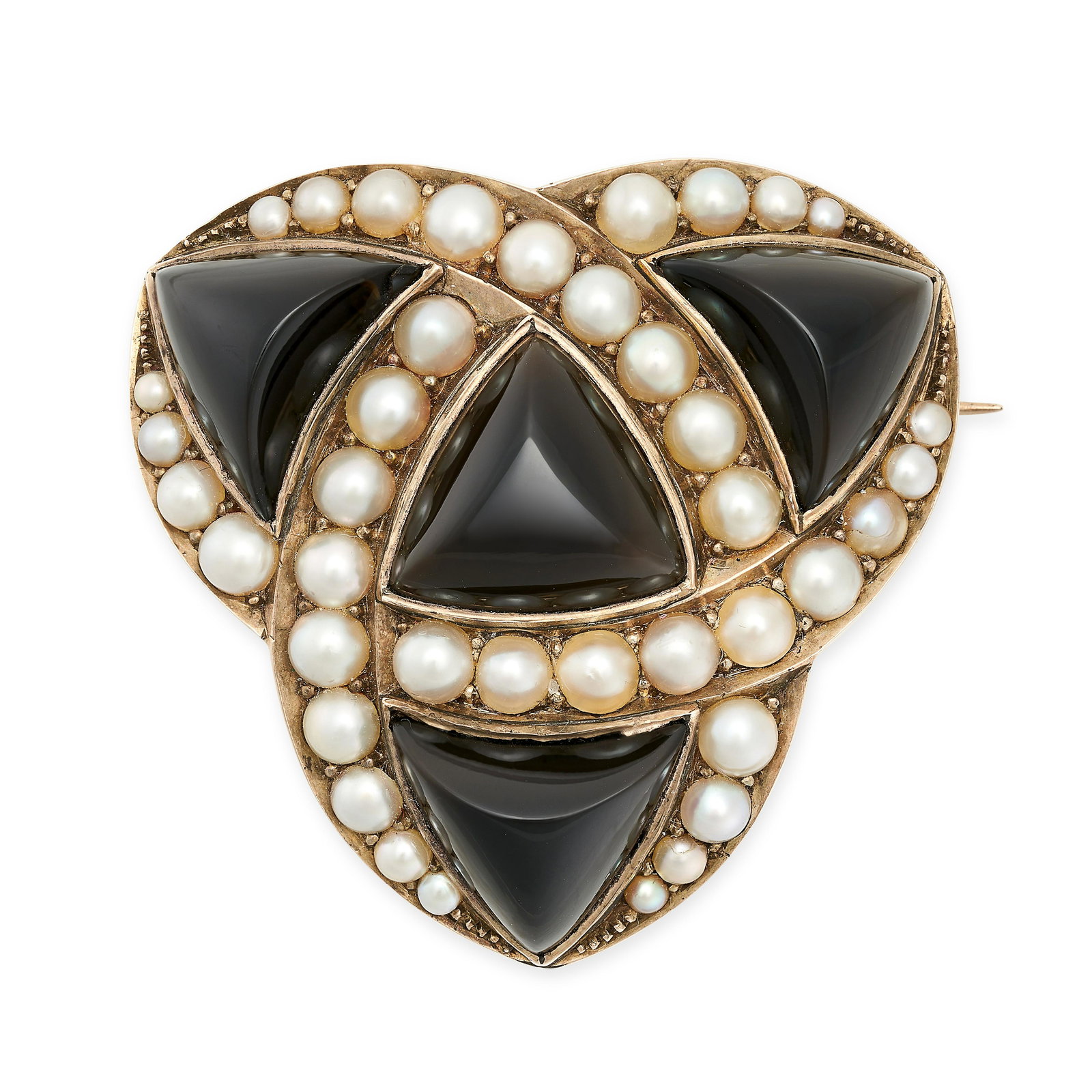AN ANTIQUE AGATE AND PEARL MOURNING LOCKET BROOCH in yellow gold, designed as a trinity knot, set (1 of 2)