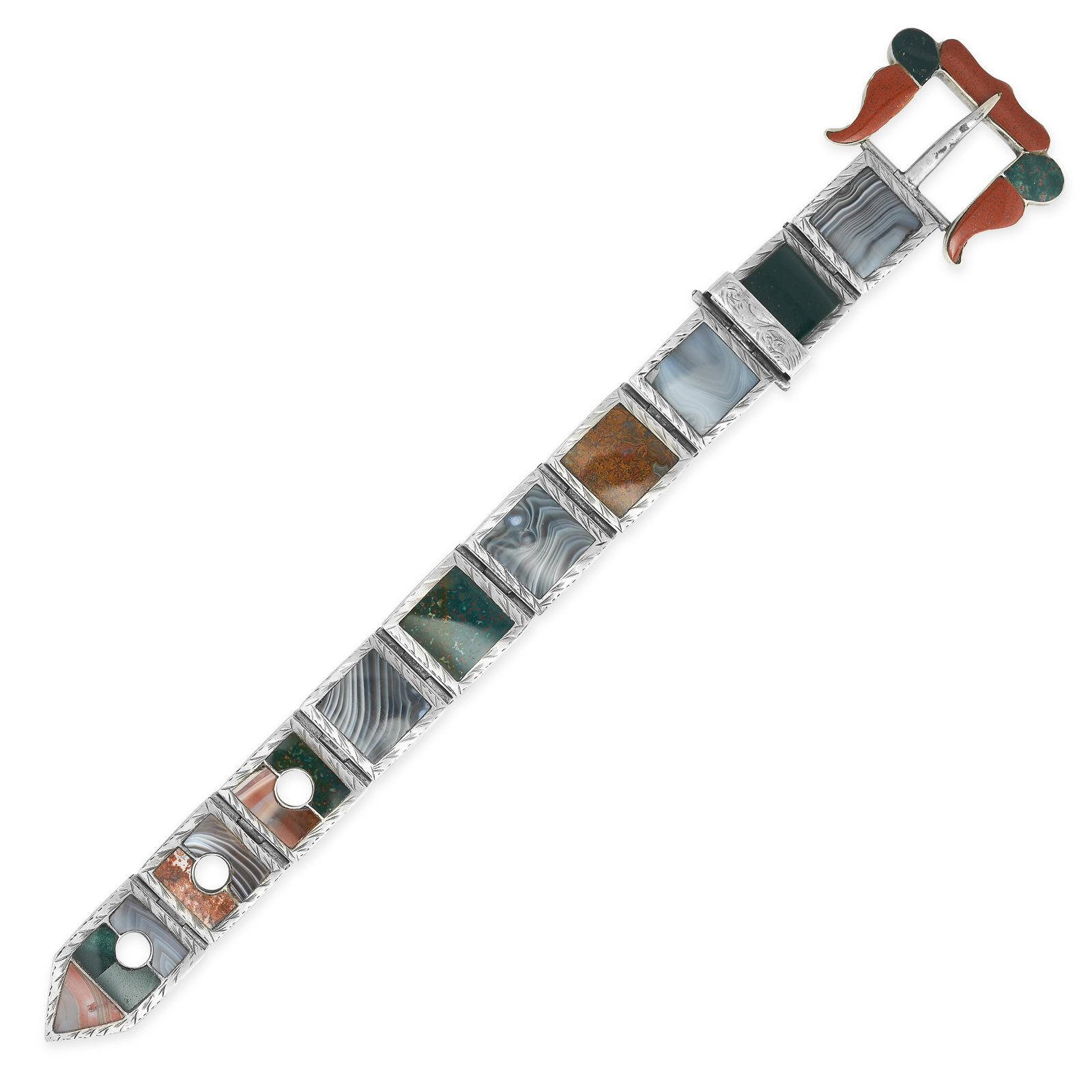 AN ANTIQUE VICTORIAN SCOTTISH HARDSTONE BRACELET in silver, designed as a belt, set with polished (1 of 1)