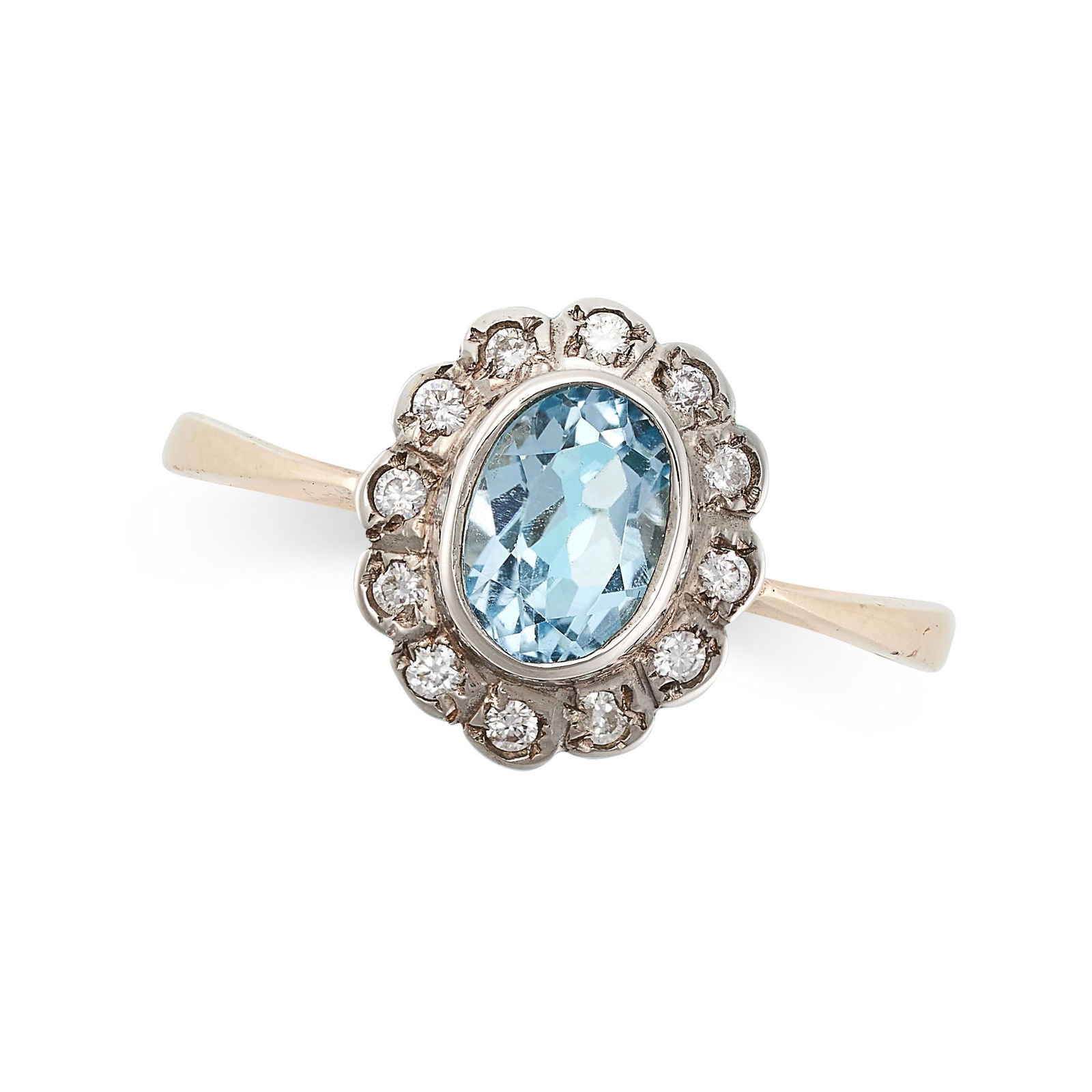 A BLUE TOPAZ AND DIAMOND CLUSTER RING in 9ct yellow gold, set with an oval cut blue topaz in a (1 of 2)