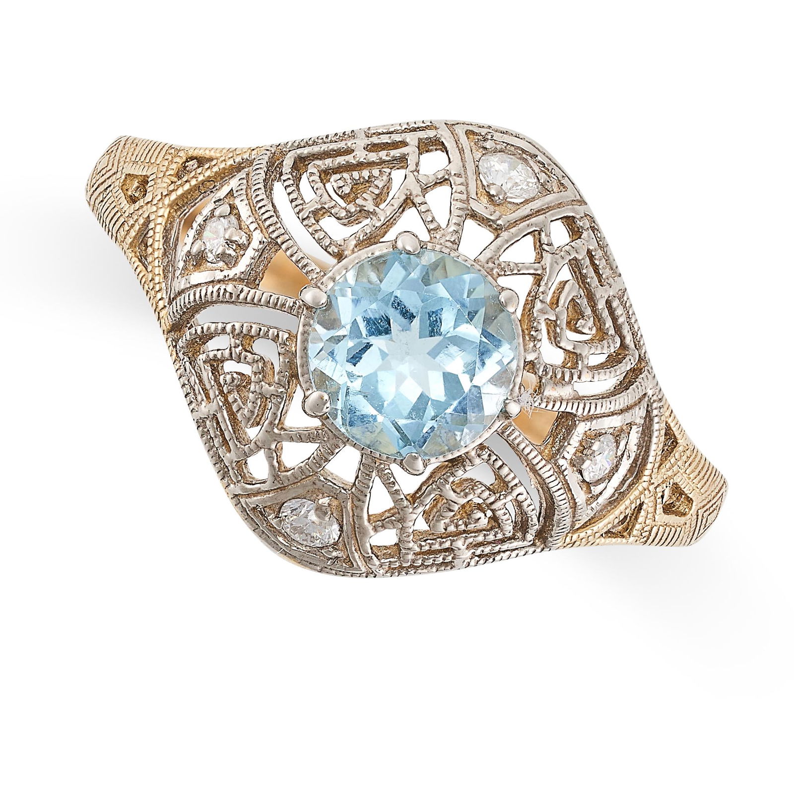 A BLUE TOPAZ AND DIAMOND RING in 9ct yellow gold, set with a central round cut blue topaz in a (1 of 2)