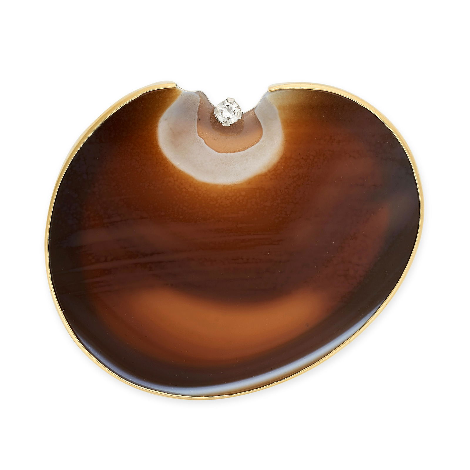 ANDREW GRIMA, A VINTAGE AGATE AND DIAMOND BROOCH, 1973 in 18ct yellow gold, set with a polished: ANDREW GRIMA, A VINTAGE AGATE AND DIAMOND BROOCH, 1973 in 18ct yellow gold, set with a polished slice of agate accented by a round brilliant cut diamond, signed GRIMA, AG Ltd, full British hallmarks f