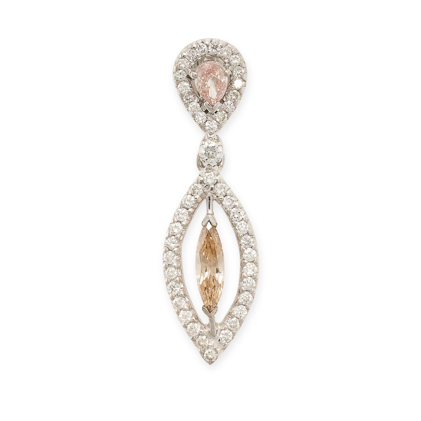 A DIAMOND PENDANT comprising a pear cut pink diamond in a border of round brilliant cut diamonds (1 of 1)