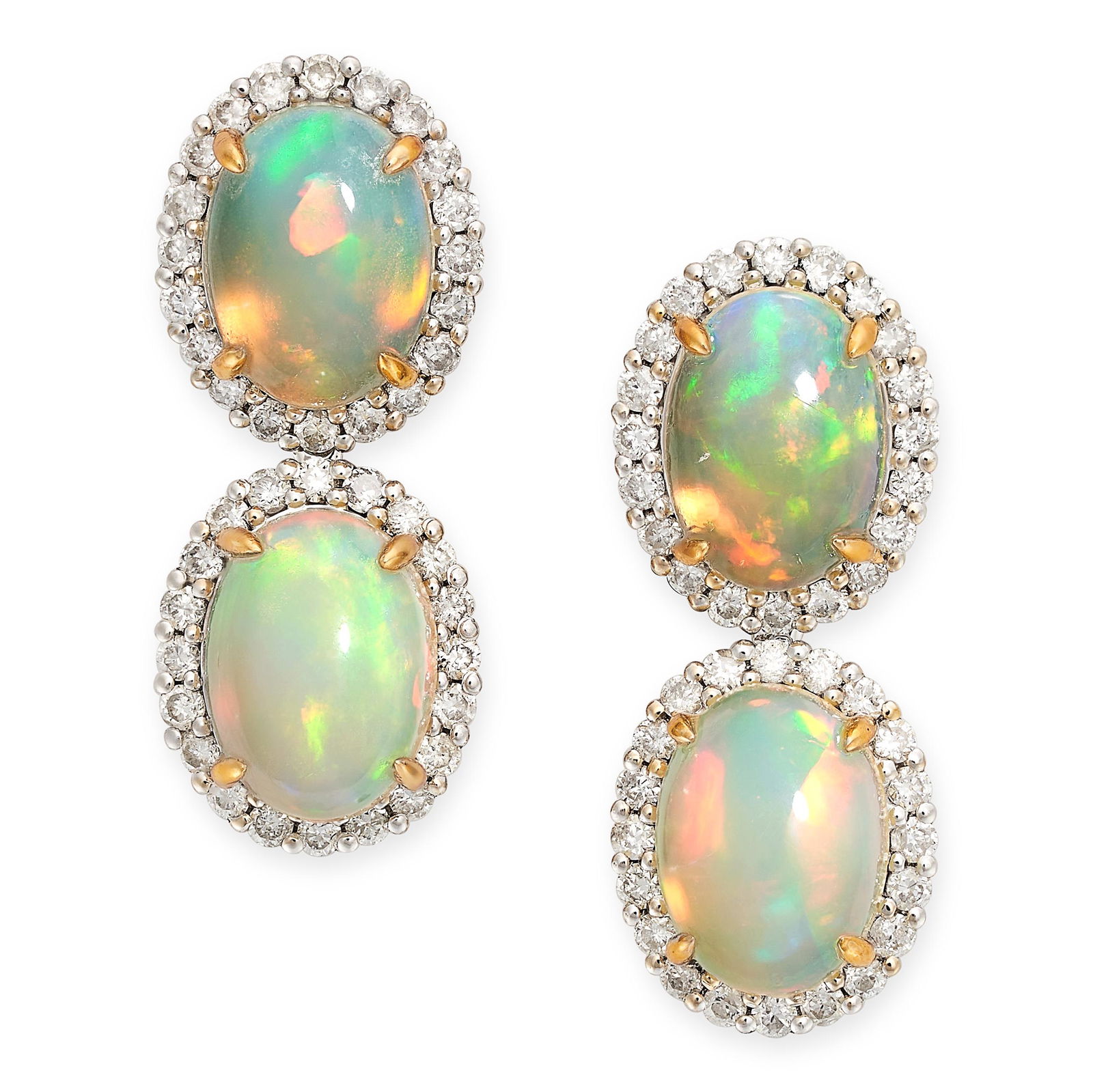 A PAIR OF OPAL AND DIAMOND CLUSTER EARRINGS in 18ct white gold, each set with a cabochon opal in a (1 of 1)