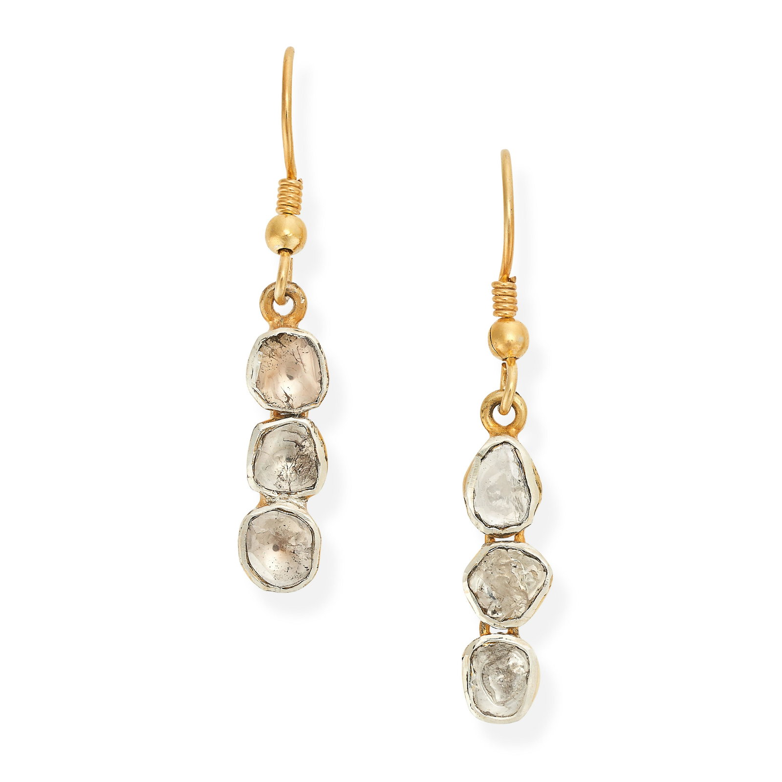 A PAIR OF DIAMOND DROP EARRINGS each set with three flat cut diamonds, no assay marks, 3.8cm, 2.7g. (1 of 1)