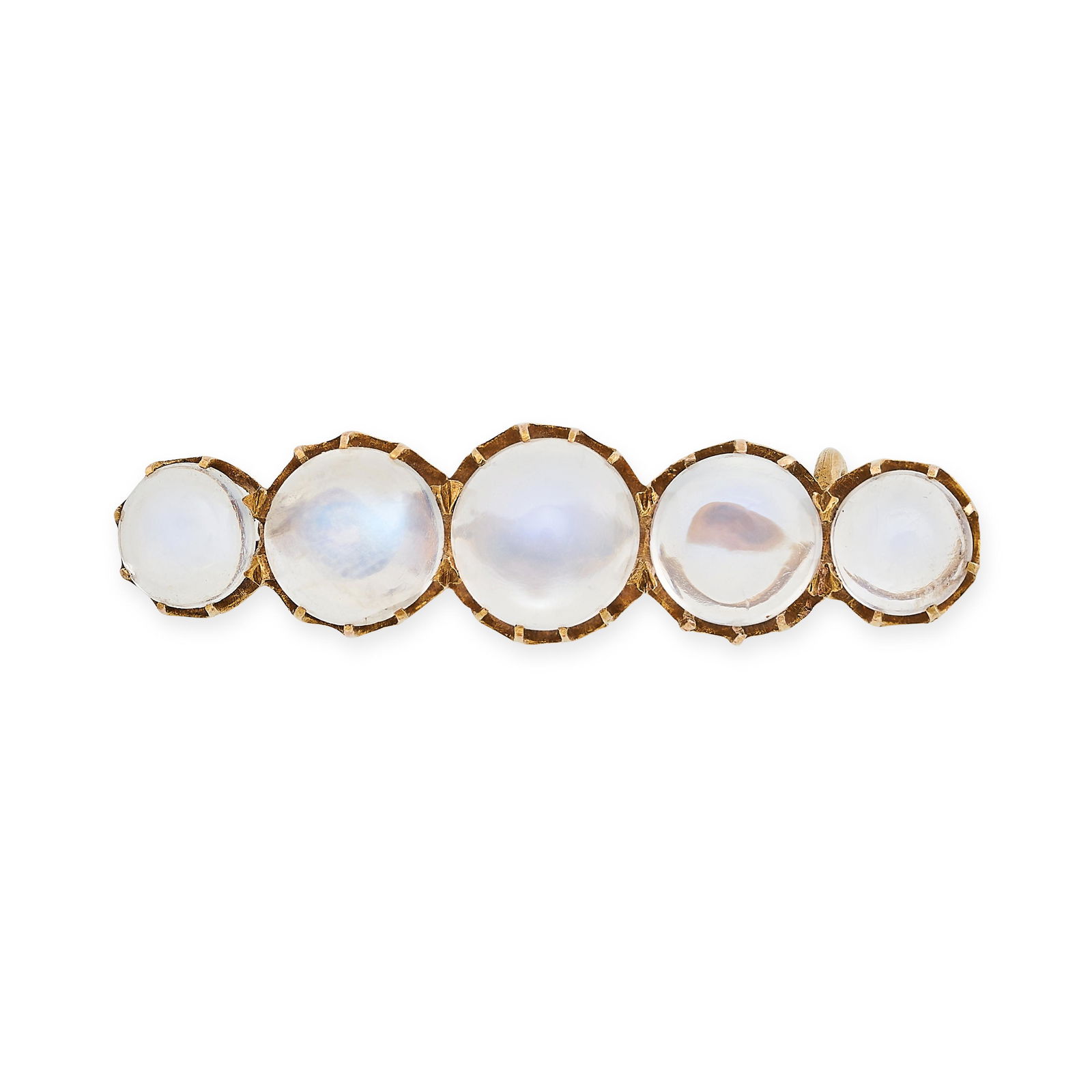 A VINTAGE MOONSTONE BAR BROOCH in yellow gold, set with a row of five graduated cabochon moonstones,: A VINTAGE MOONSTONE BAR BROOCH in yellow gold, set with a row of five graduated cabochon moonstones, no assay marks, 3.5cm, 2.7g.