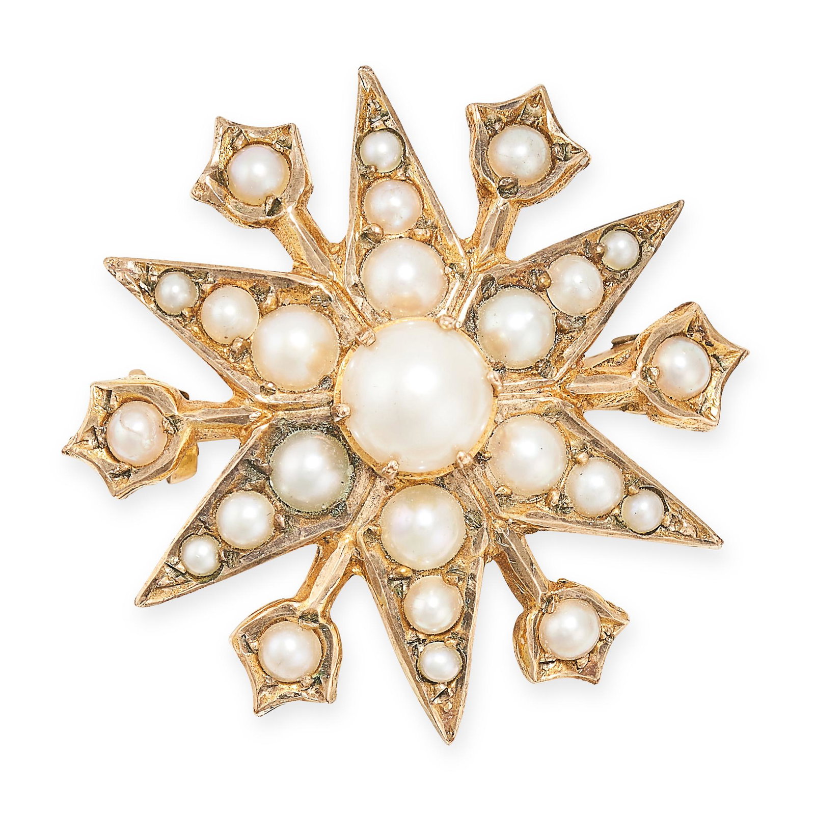A VINTAGE PEARL STAR BROOCH in 9ct yellow gold, designed as a six rayed star, accented by foliate (1 of 1)