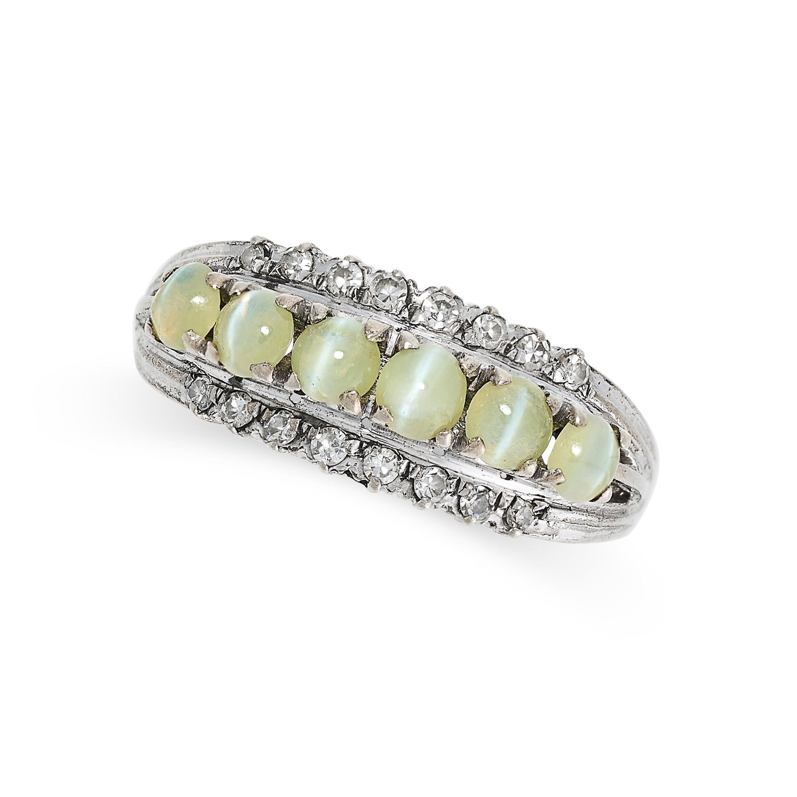 A CHRYSOBERYL CAT'S EYE AND DIAMOND DRESS RING in 18ct white gold, set with a row of six cat's eye (1 of 2)