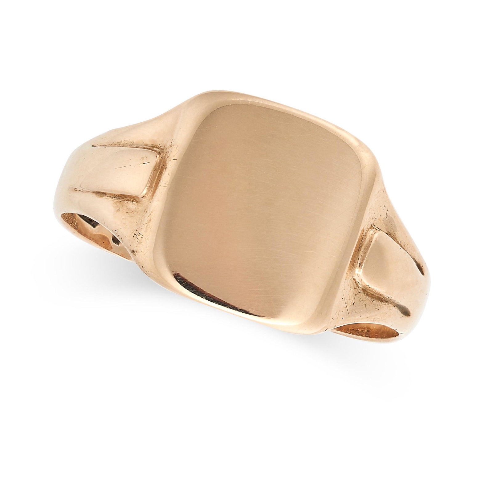 AN ANTIQUE SIGNET RING in 9ct yellow gold, with plain rectangular face, full British hallmarks for: AN ANTIQUE SIGNET RING in 9ct yellow gold, with plain rectangular face, full British hallmarks for Birmingham 1863, size T / 9.5, 3.2g.