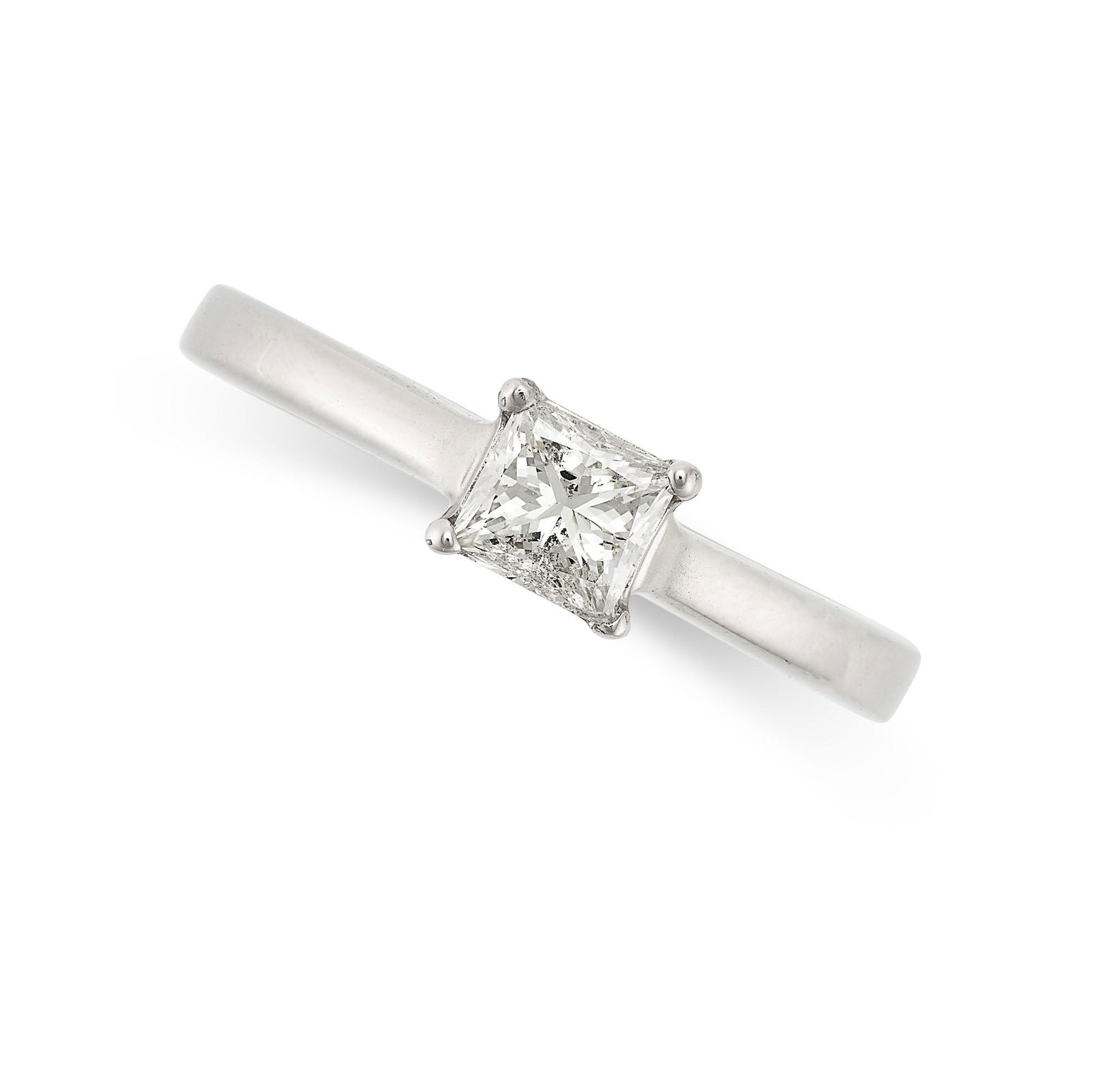 A SOLITAIRE DIAMOND ENGAGEMENT RING set with a princess cut diamond of 0.75 carats, no assay marks, (1 of 2)