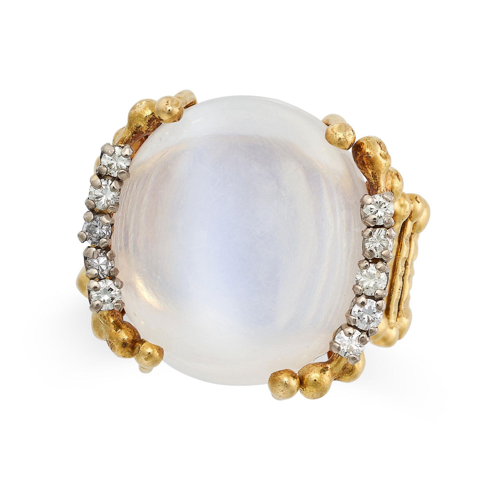 A VINTAGE MOONSTONE AND DIAMOND RING in 18ct yellow gold, set with a large cabochon moonstone (1 of 2)