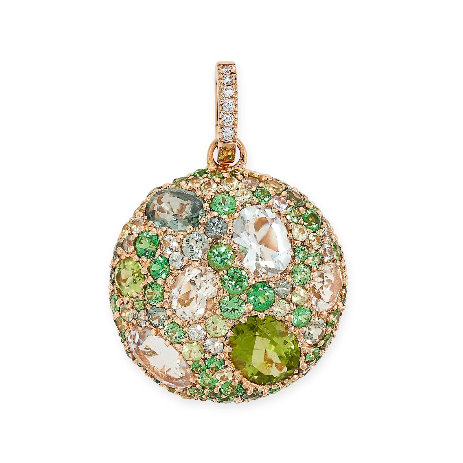 AN AQUAMARINE, PERIDOT, GREEN GARNET AND DIAMOND PENDANT in 18ct yellow gold, the domed face pave (1 of 1)
